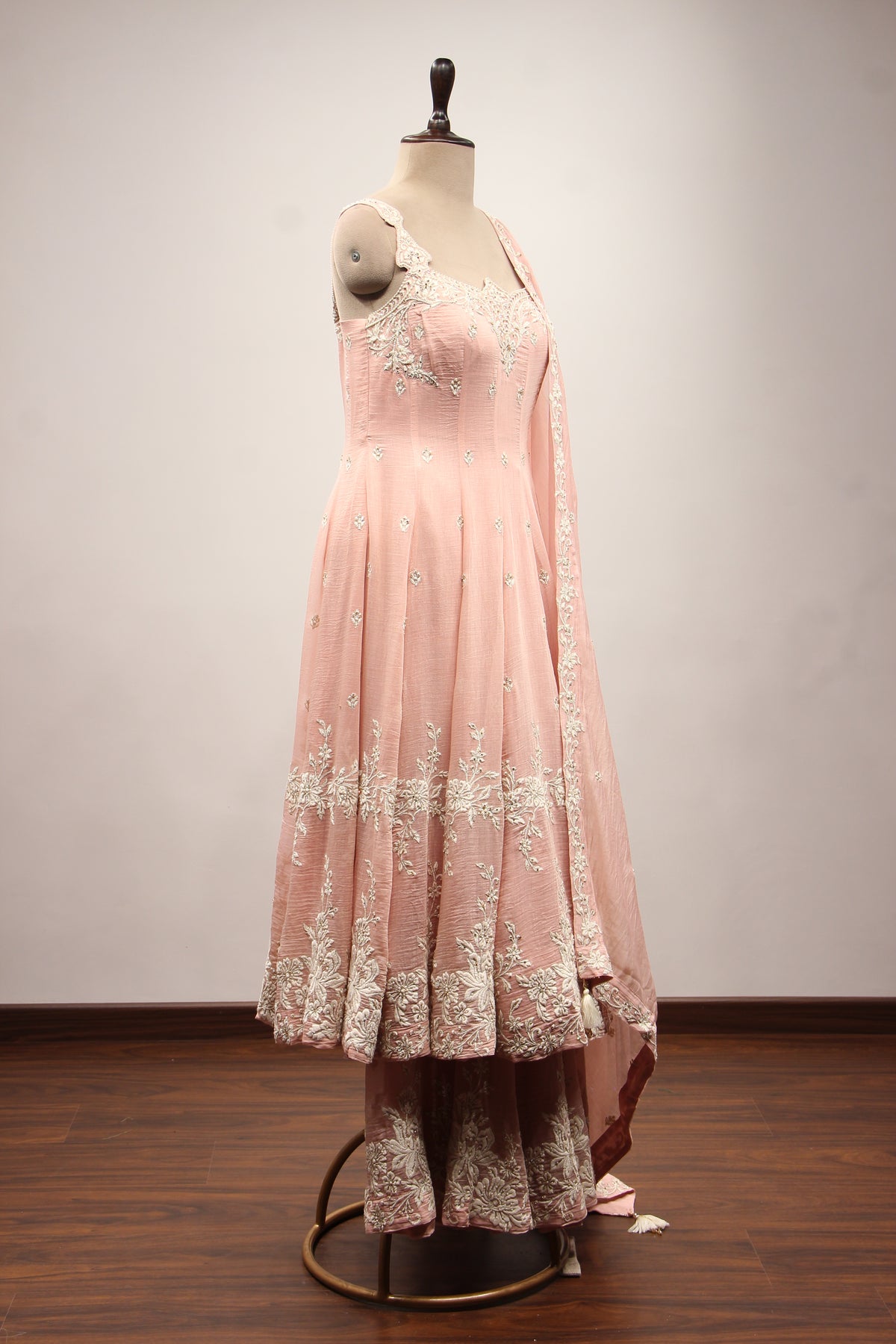 Pink Chanderi Short Anarkali Pant Suit with Resham & Bead Handwork – other side view
