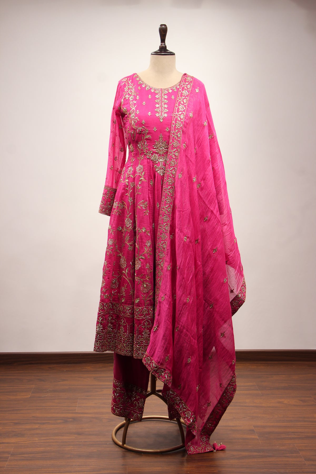 Rani Chanderi Short Anarkali Suit with Zari & Resham Handwork Dupatta – front view