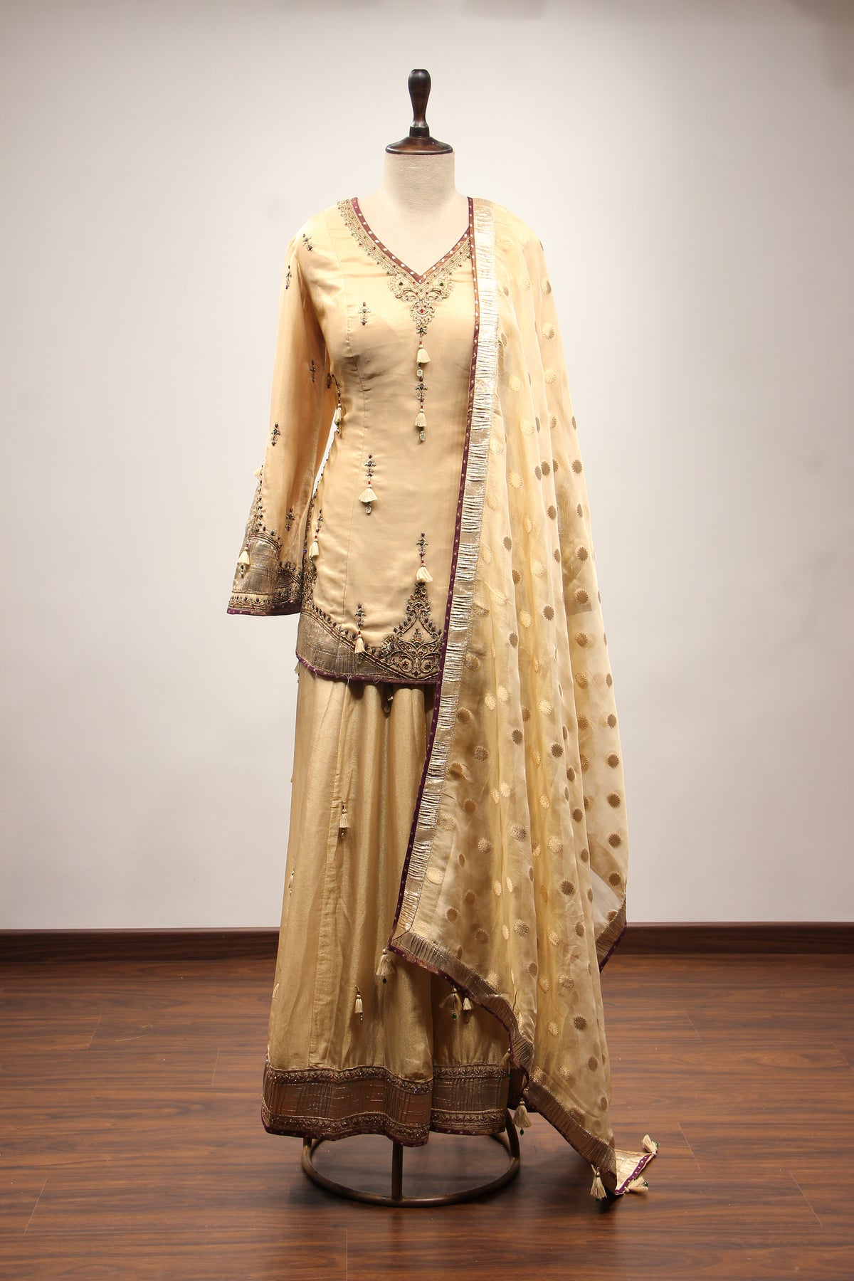 Tissue Sharara Suit with Gota Patti & Zari Handwork Brocade Dupatta in Gold – front view
