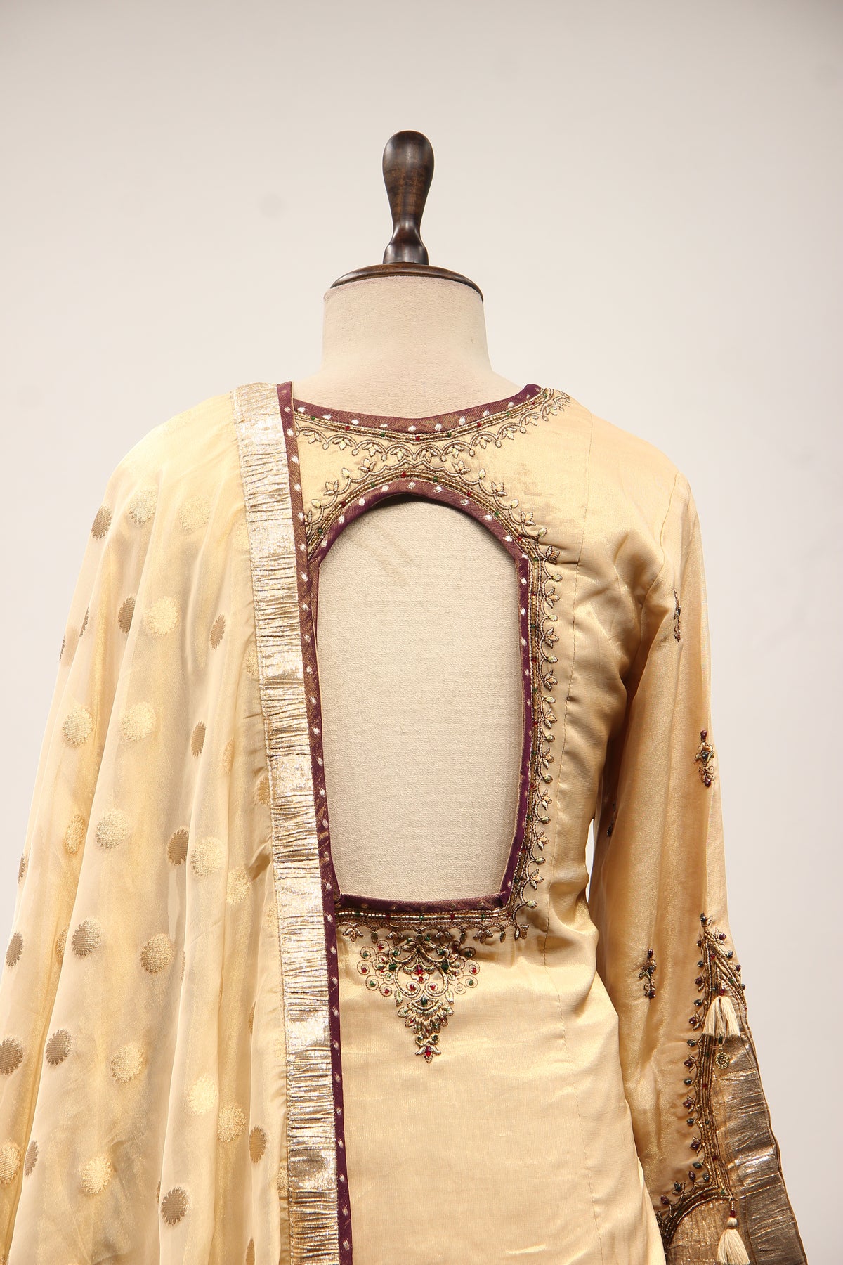 Tissue Sharara Suit with Gota Patti & Zari Handwork Brocade Dupatta in Gold – back close-up