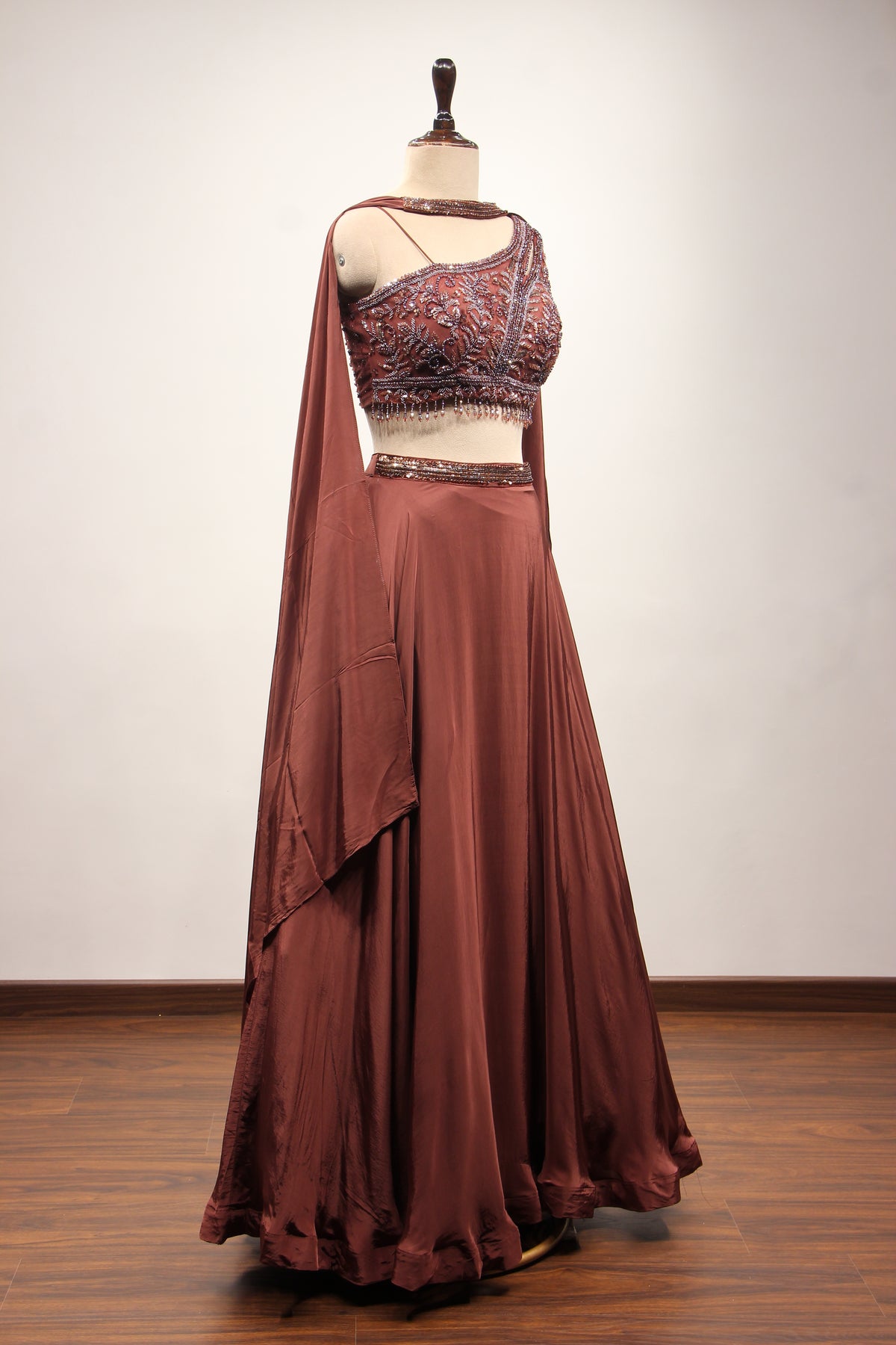 Brown Crepe Off Shoulder Lehenga with Cut Dana & Bead Handwork Top – other side view