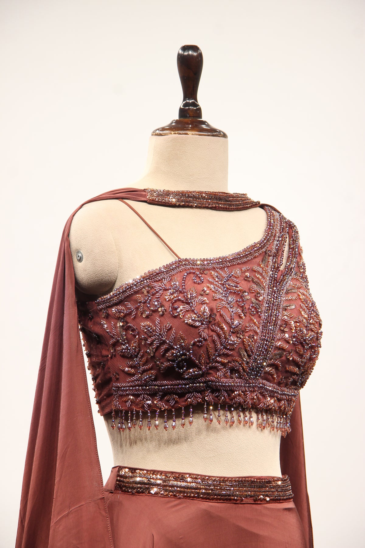 Brown Crepe Off Shoulder Lehenga with Cut Dana & Bead Handwork Top – other side close-up