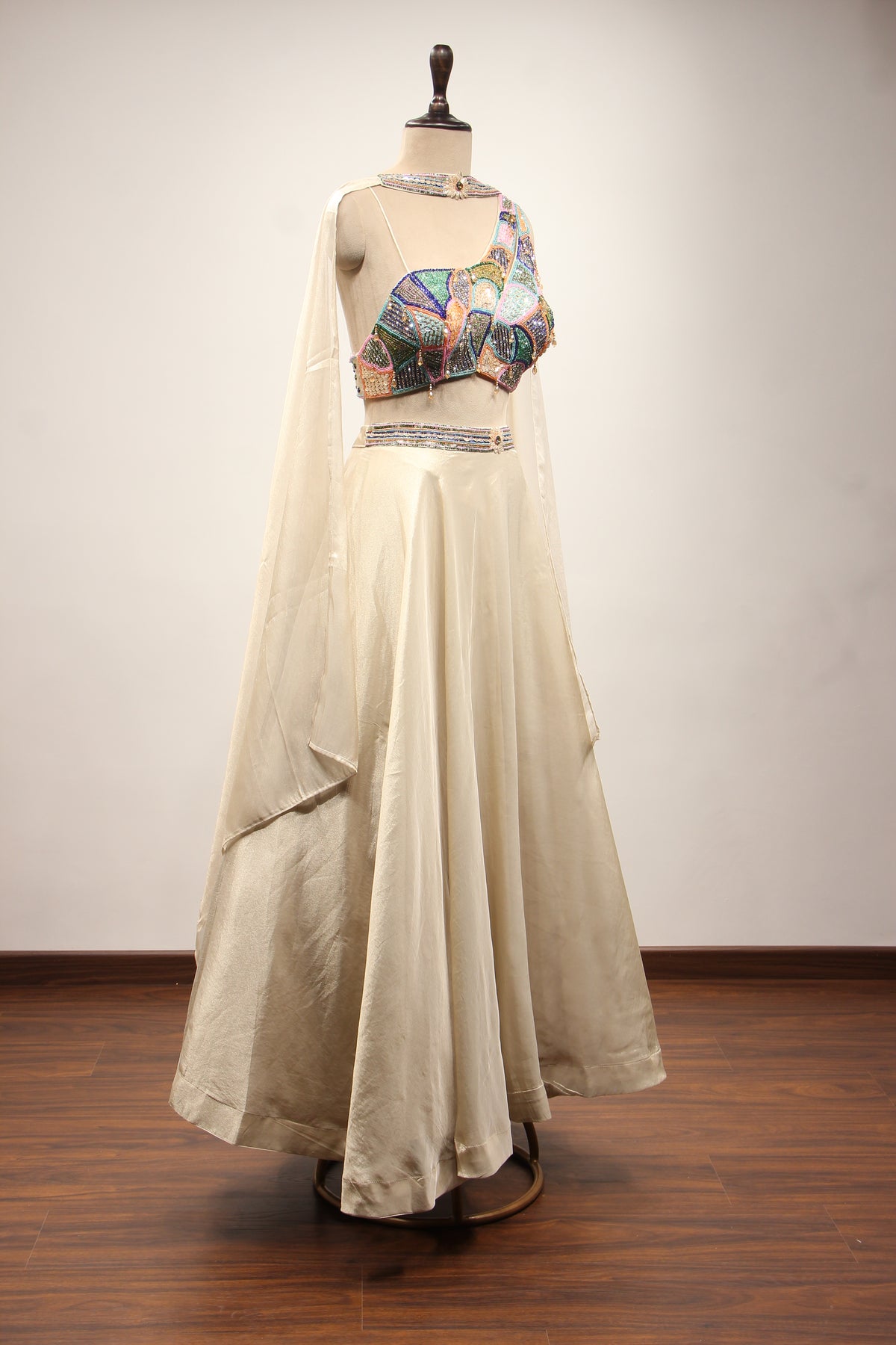 Ivory Shimmer Tissue Lehenga with Sequin & Cut Dana Handwork Crop Top – other side view