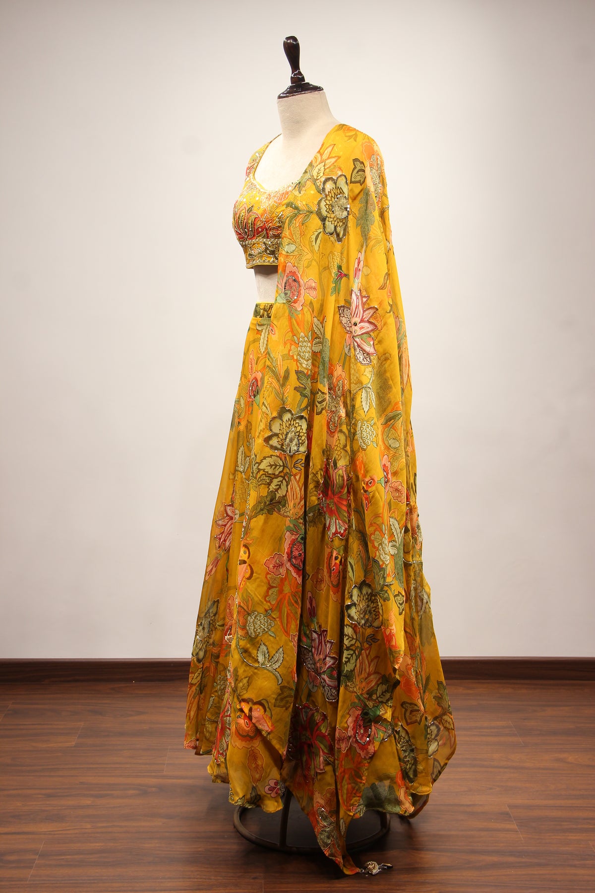 Mustard Floral Organza Lehenga with Printed & Mirror Handwork Crop Top – side view
