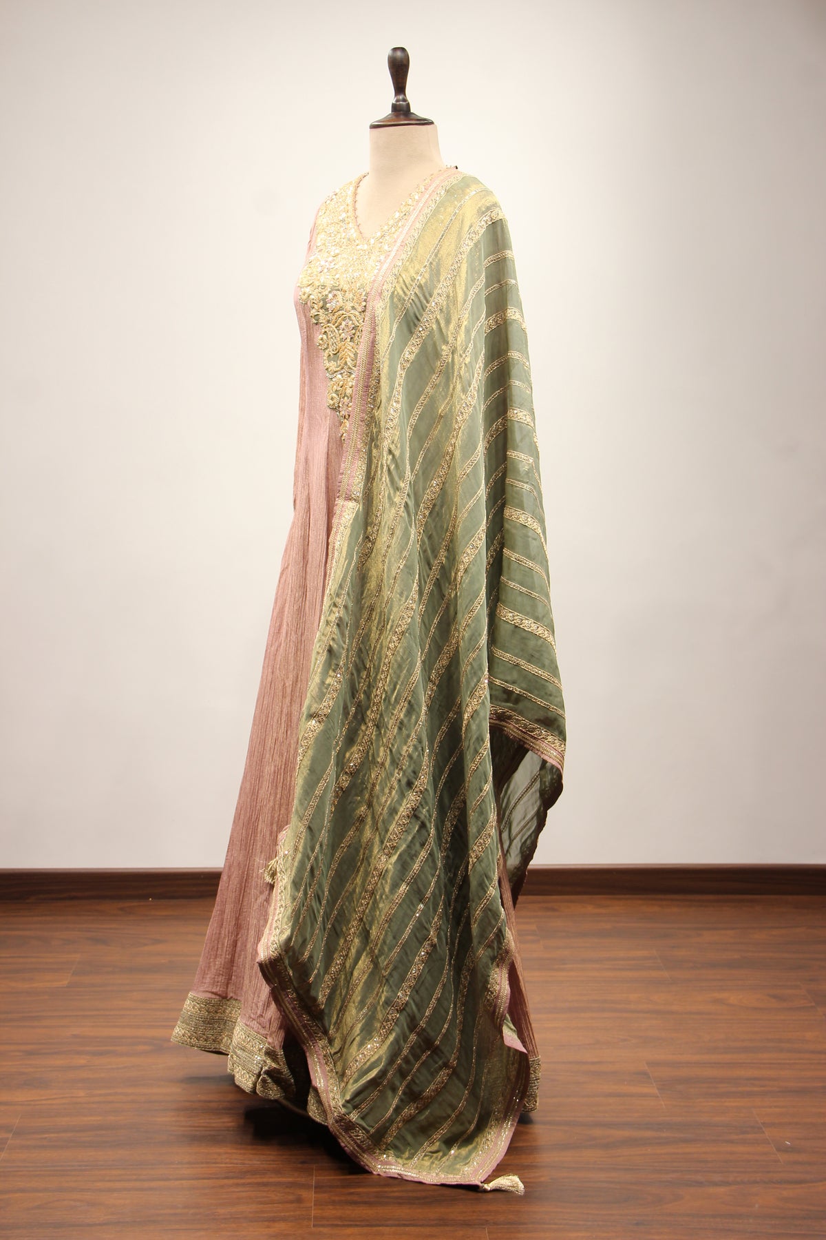 Tissue Anarkali Gown with Full Sleeves, Cut Dana & Sequin Handwork in Pink – side view