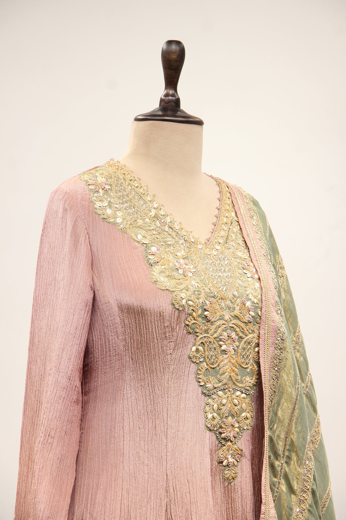 Tissue Anarkali Gown with Full Sleeves, Cut Dana & Sequin Handwork in Pink – other side close-up