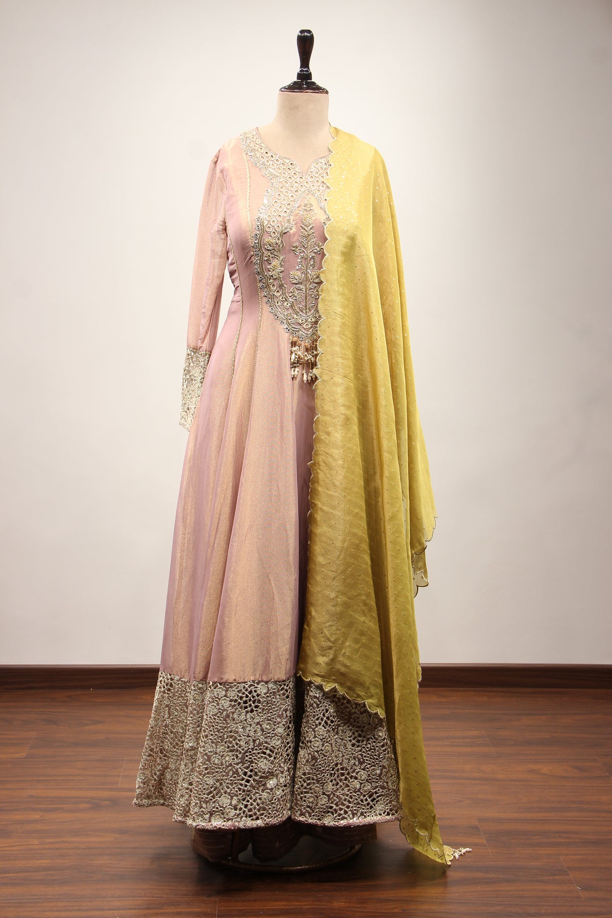 Tissue Floor Length Anarkali Gown with Zari & Sequin Handwork Border in Pink – front view