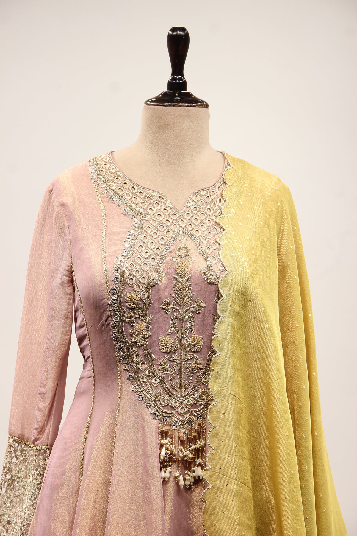 Tissue Floor Length Anarkali Gown with Zari & Sequin Handwork Border in Pink – front close-up