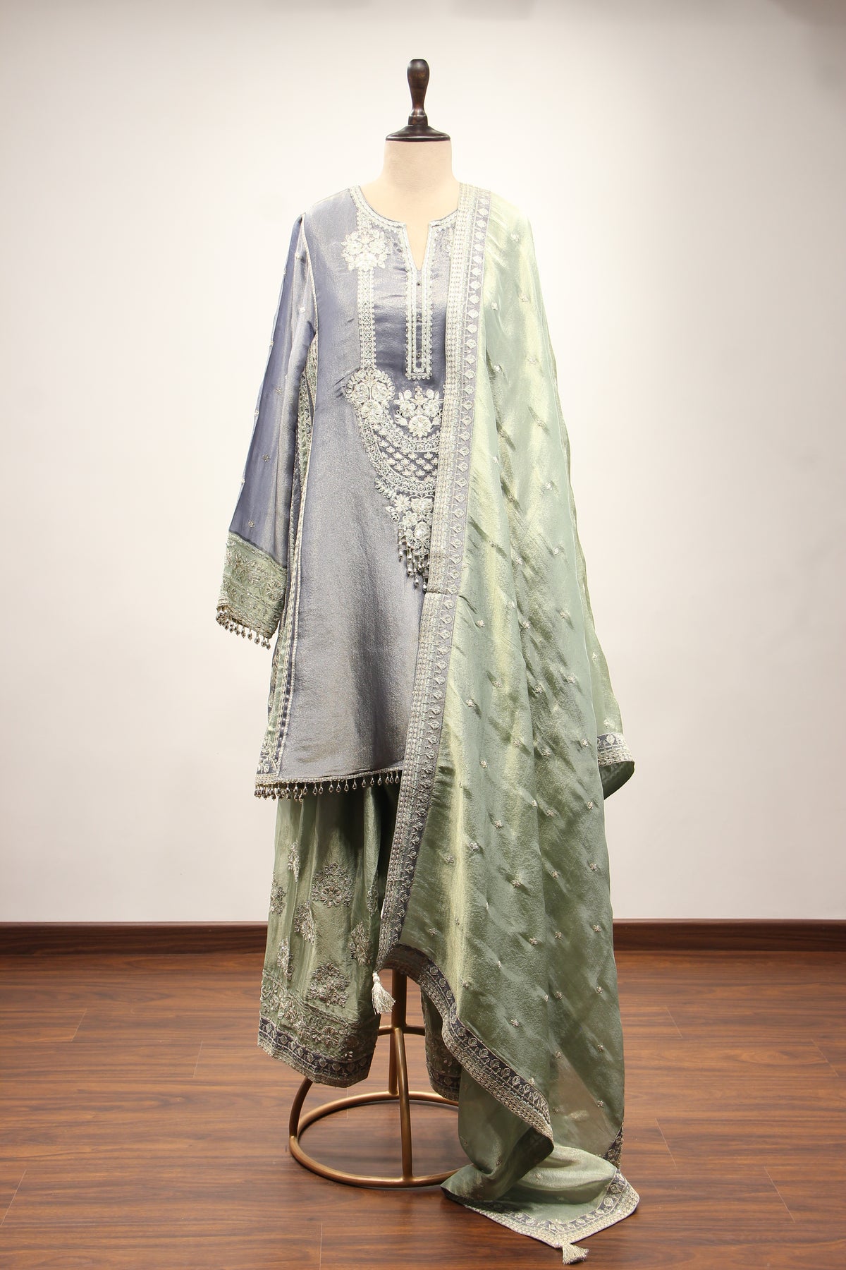 Blue Tissue Farshi Salwar Suit with Zari & Resham Handwork – front view