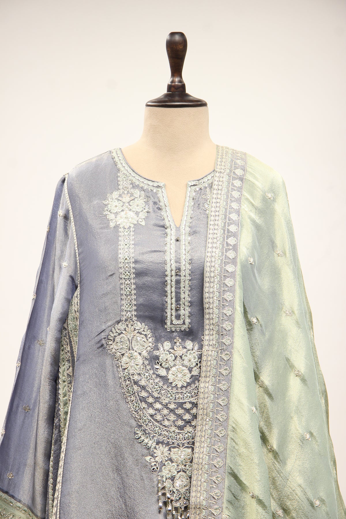 Blue Tissue Farshi Salwar Suit with Zari & Resham Handwork – front close-up