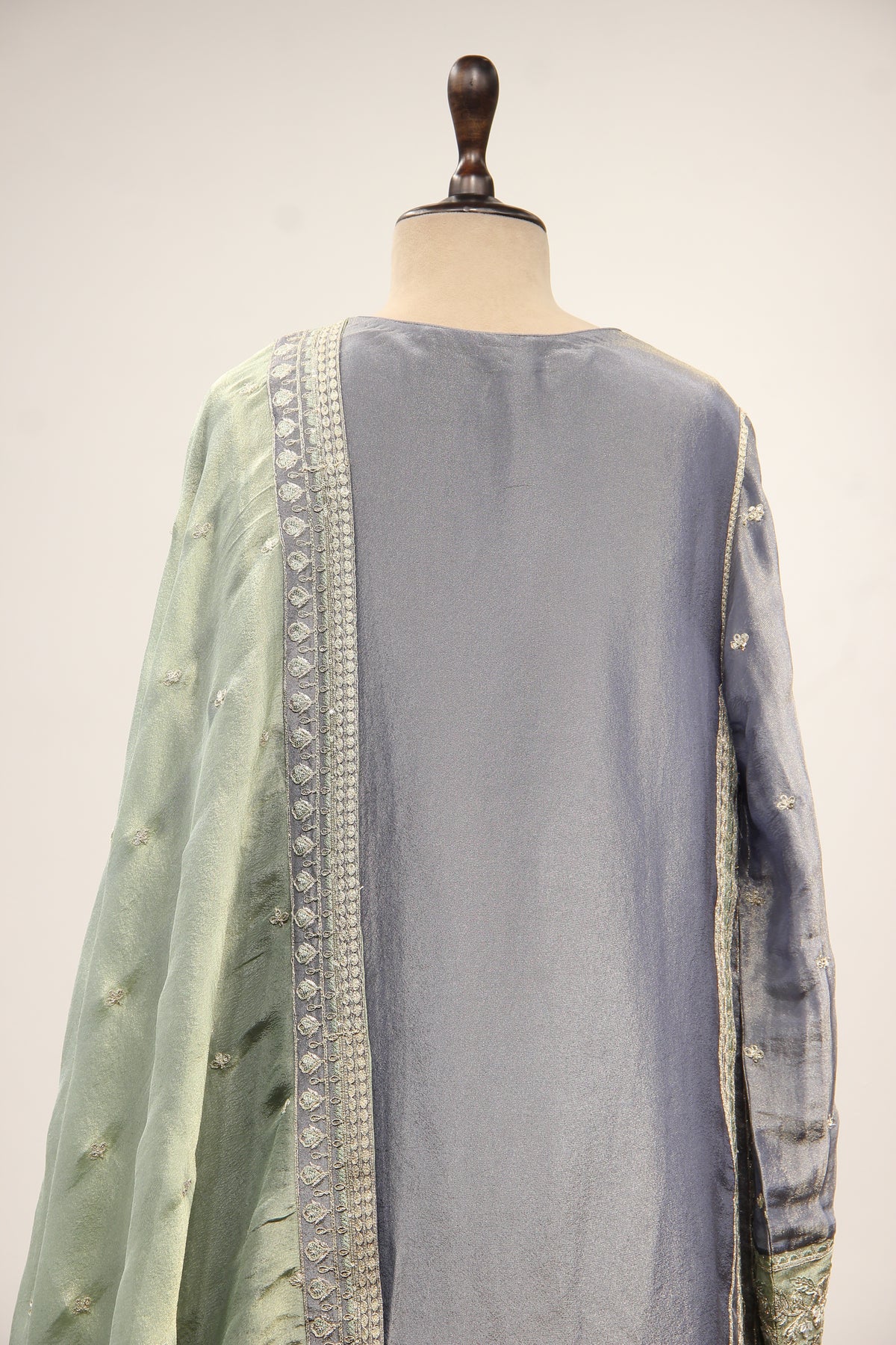 Blue Tissue Farshi Salwar Suit with Zari & Resham Handwork – back close-up