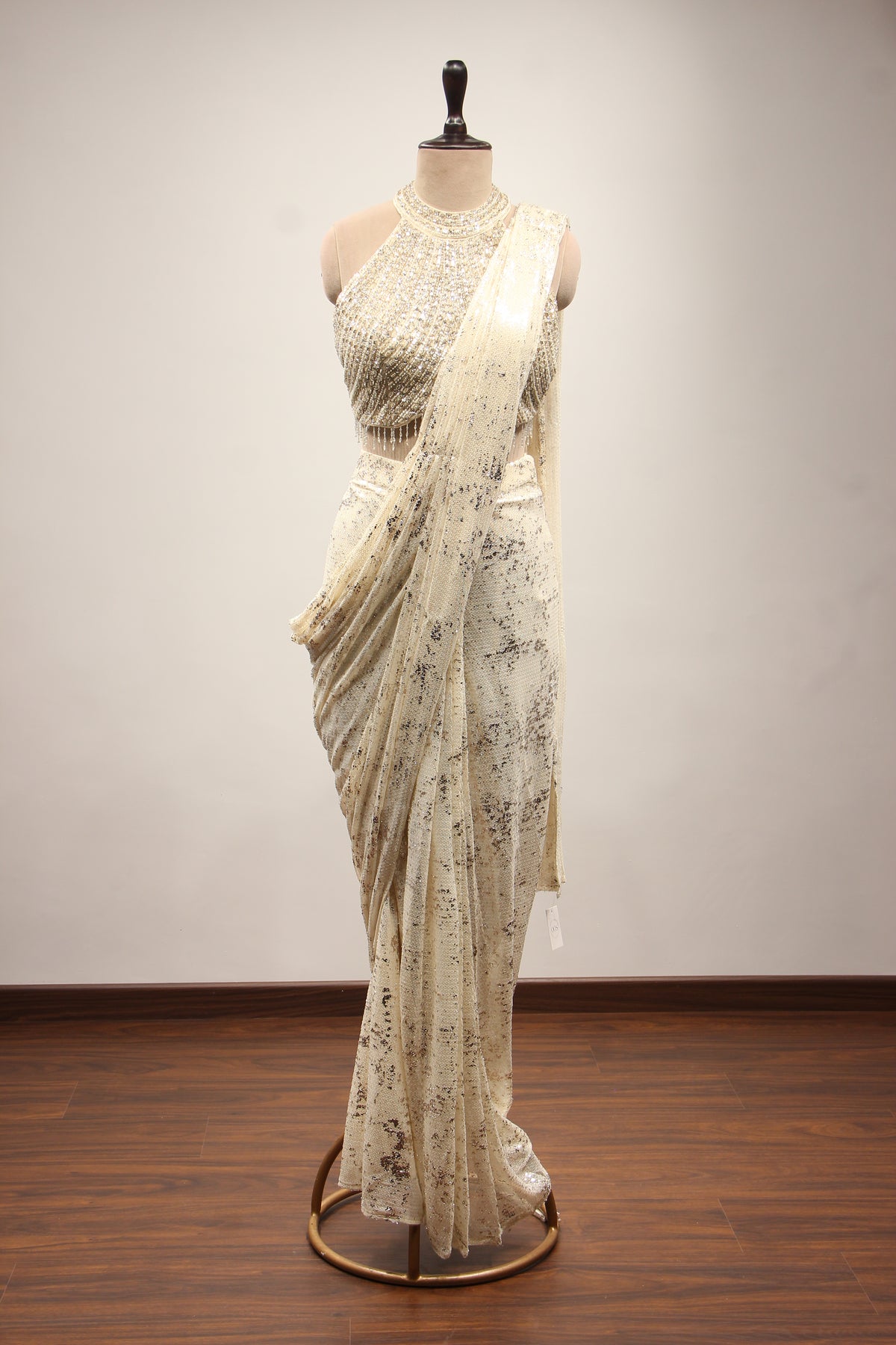 Imported Halter Neck Drape Saree with Mirror & Sequin Handwork in Cream – front view