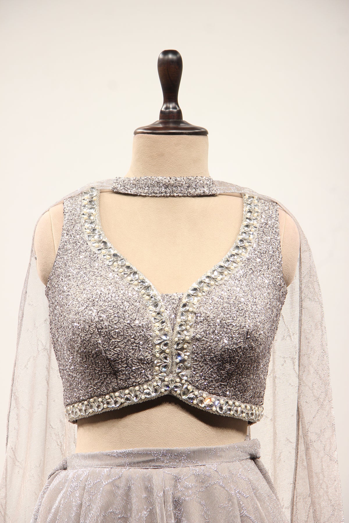 Grey Imported Indo Western Crop Top Palazzo, Hand Embroidery & Stone – front close-up