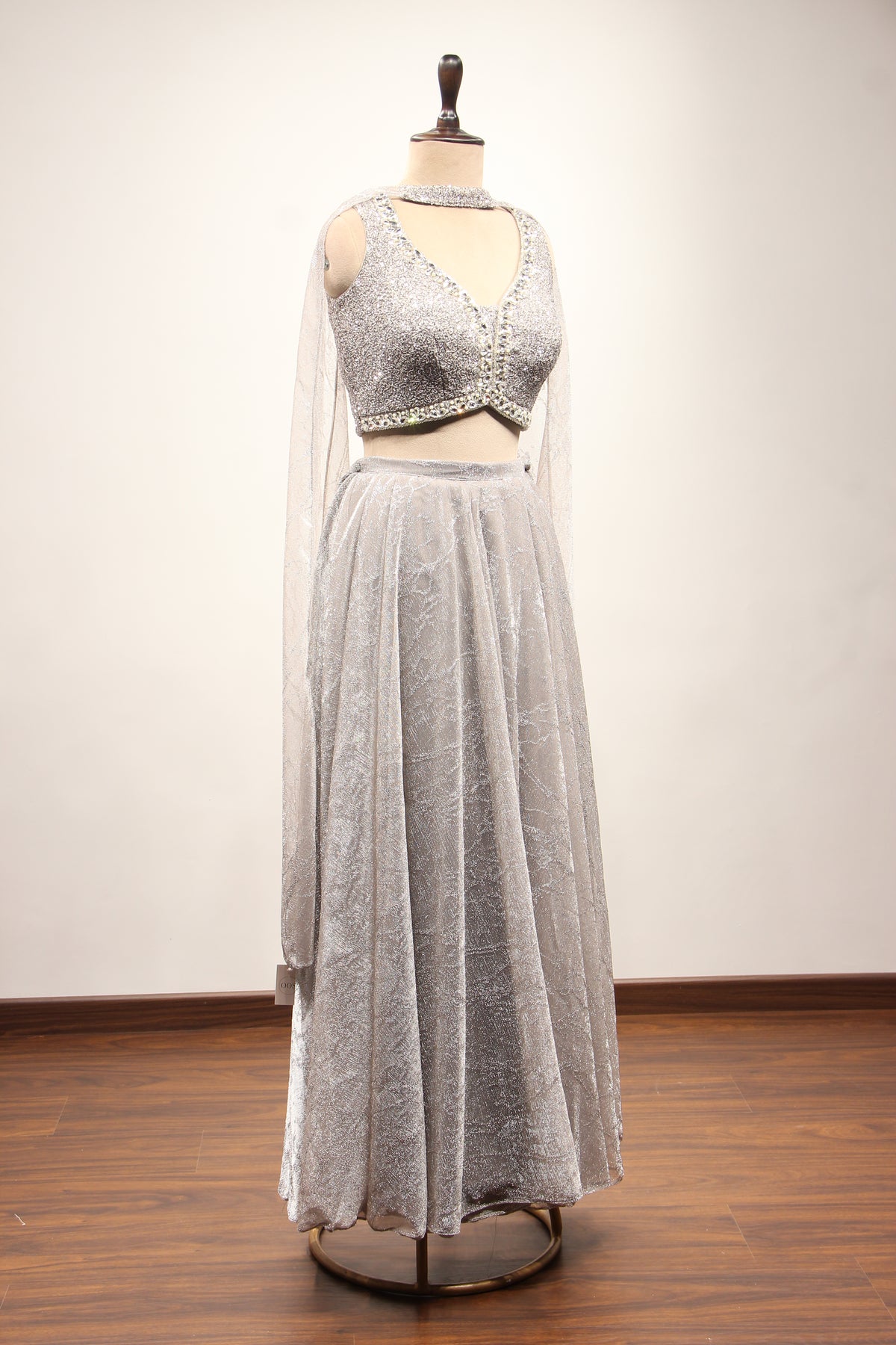 Grey Imported Indo Western Crop Top Palazzo, Hand Embroidery & Stone – other side view