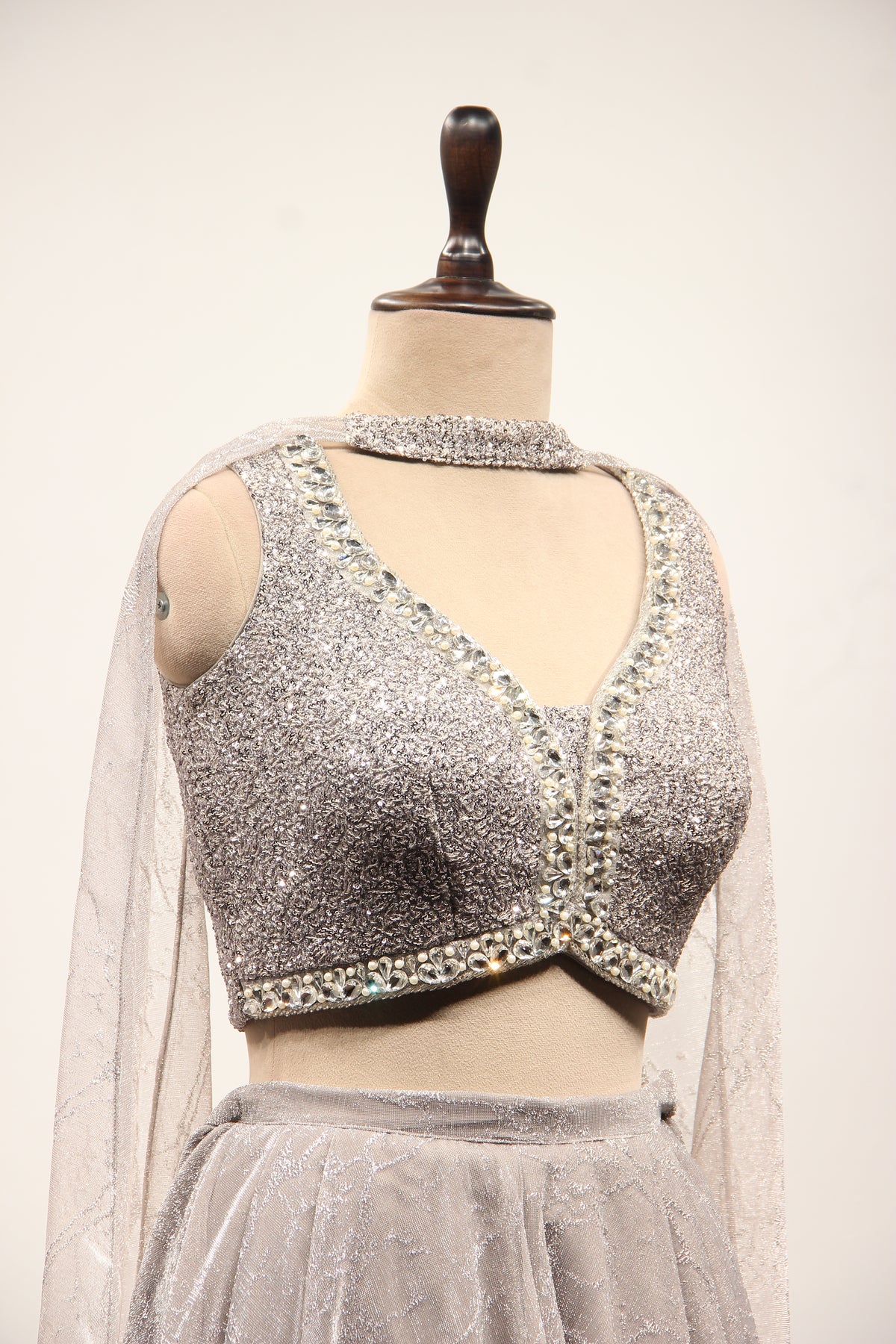 Grey Imported Indo Western Crop Top Palazzo, Hand Embroidery & Stone – other side close-up