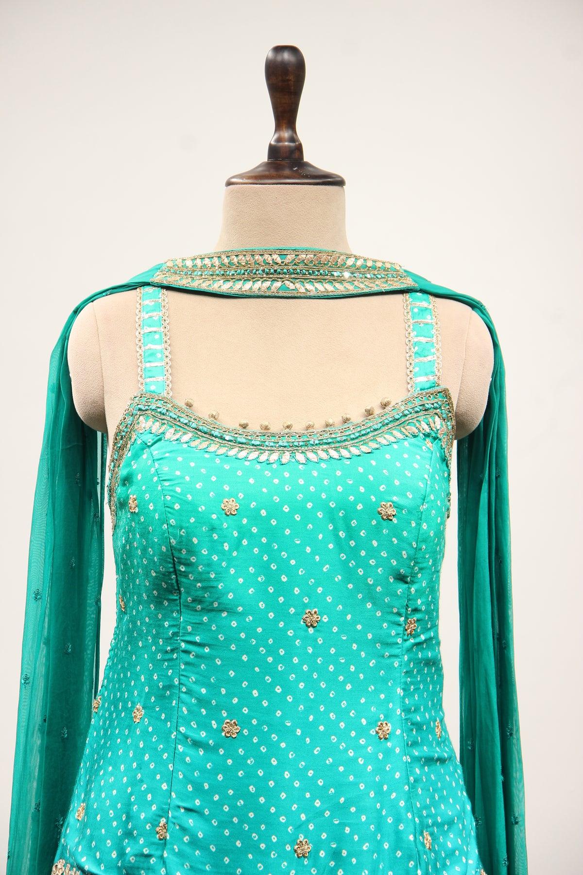 Printed Satin Sharara Suit with Gota Patti Handwork & Choker Dupatta in Green – front close-up