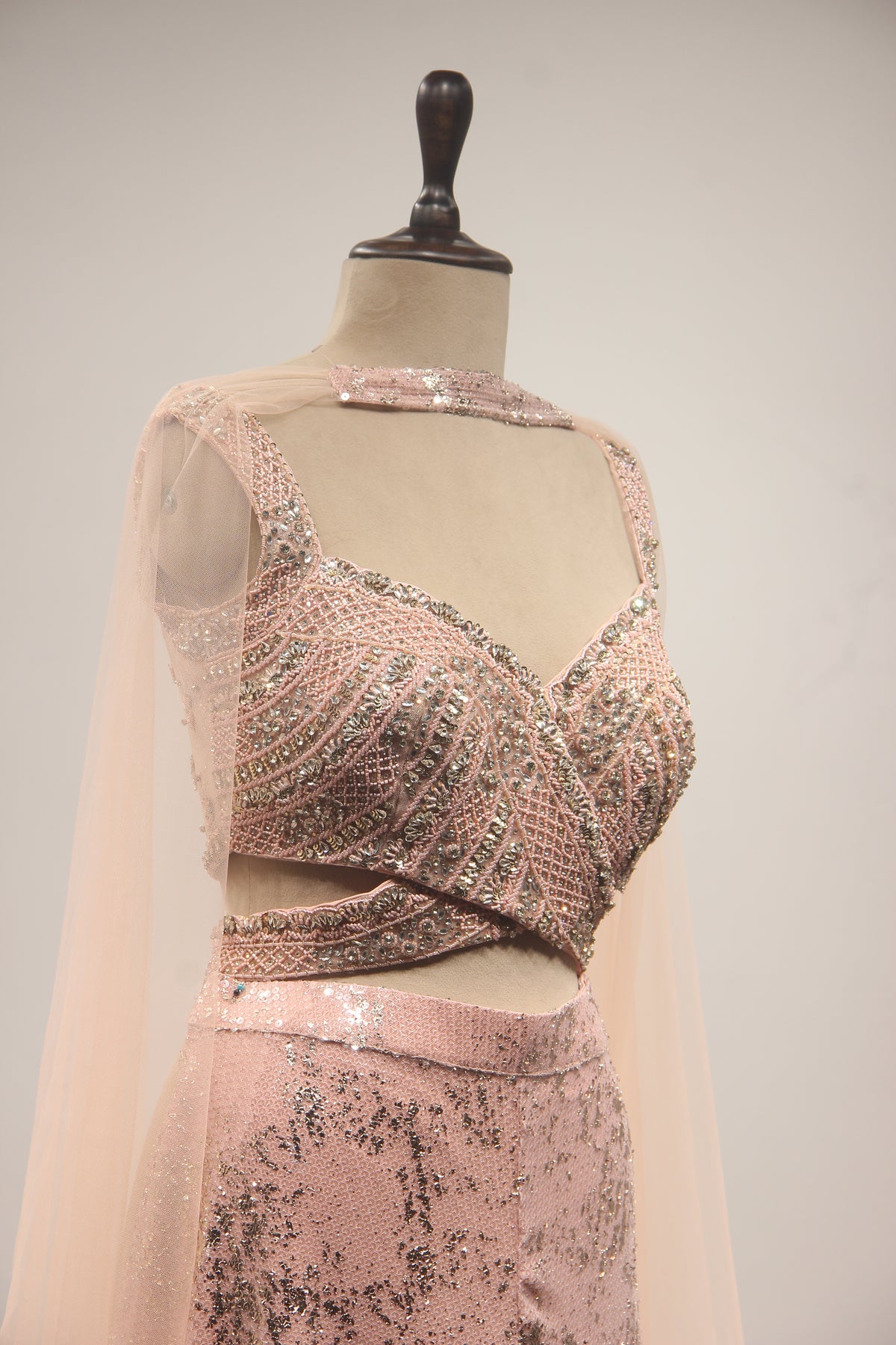 Pink Embellished Imported Fabric Crop Top with Corset Blouse, Palazzo & Choker Dupatta Indowestern Set