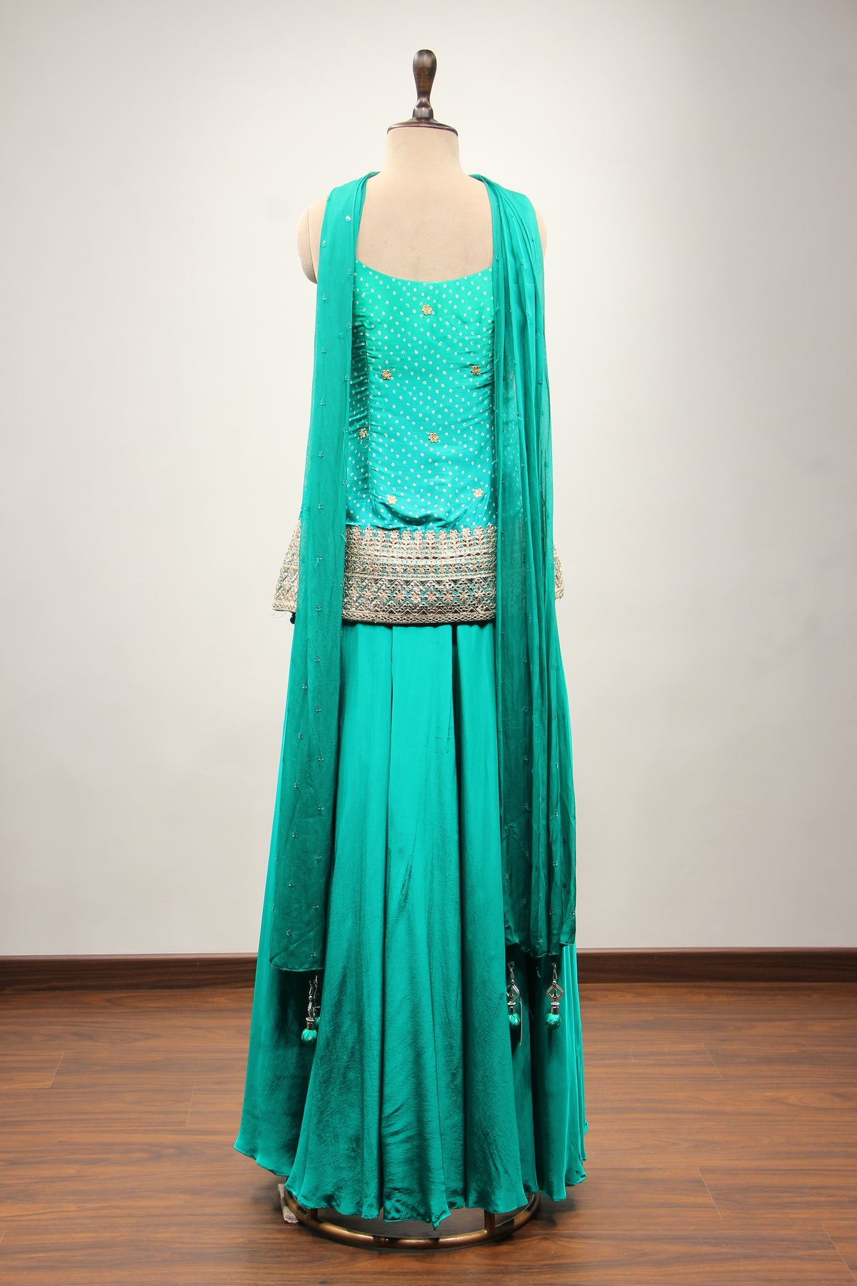 Printed Satin Sharara Suit with Gota Patti Handwork & Choker Dupatta in Green – back view