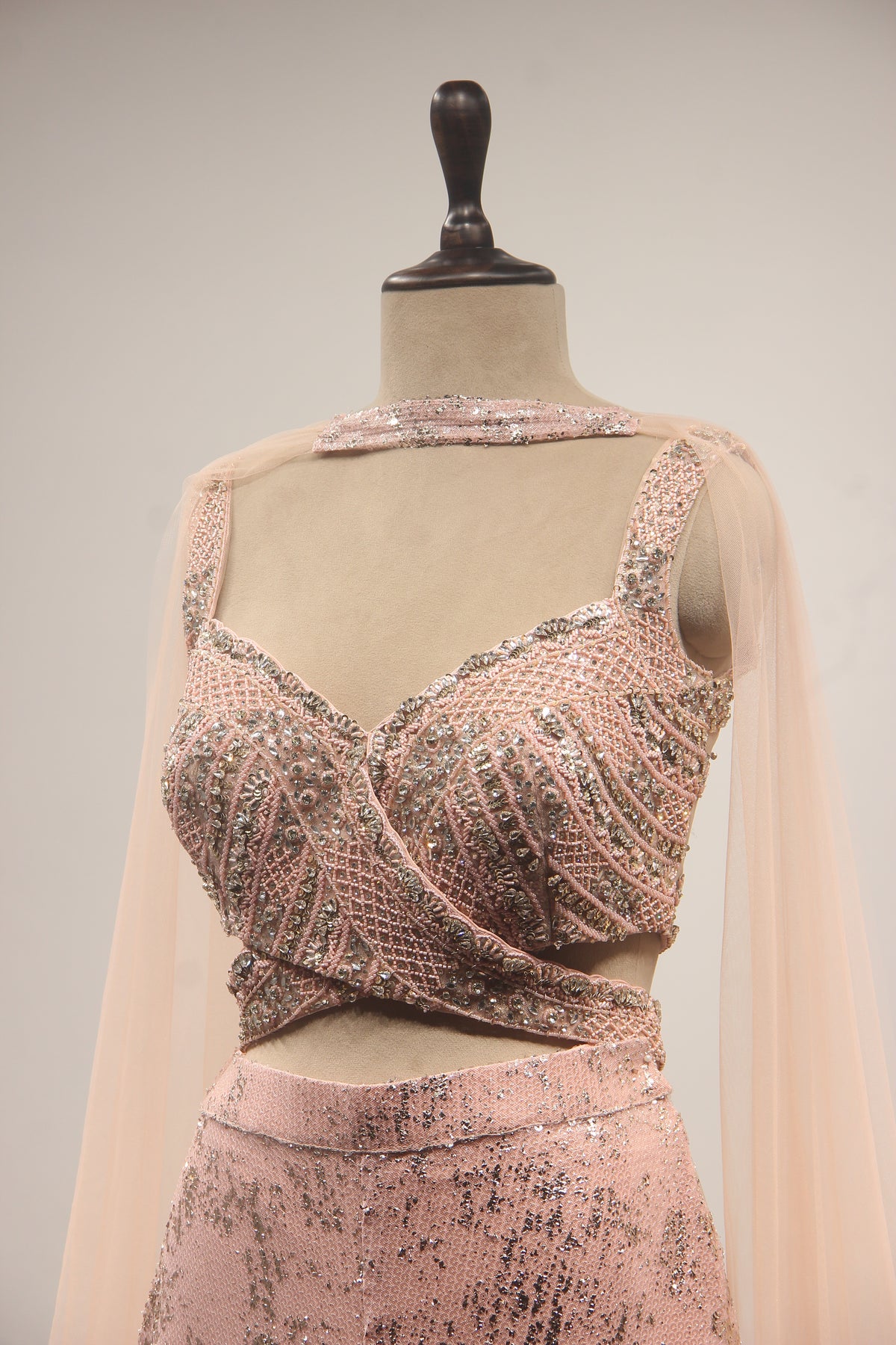 Pink Embellished Imported Fabric Crop Top with Corset Blouse, Palazzo & Choker Dupatta Indowestern Set