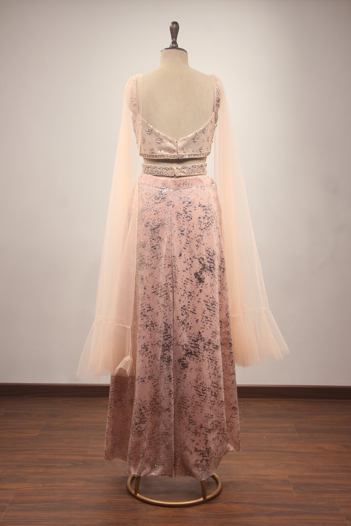 Pink Embellished Imported Fabric Crop Top with Corset Blouse, Palazzo & Choker Dupatta Indowestern Set