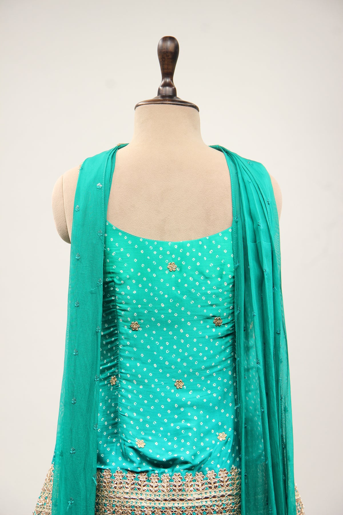 Printed Satin Sharara Suit with Gota Patti Handwork & Choker Dupatta in Green – back close-up