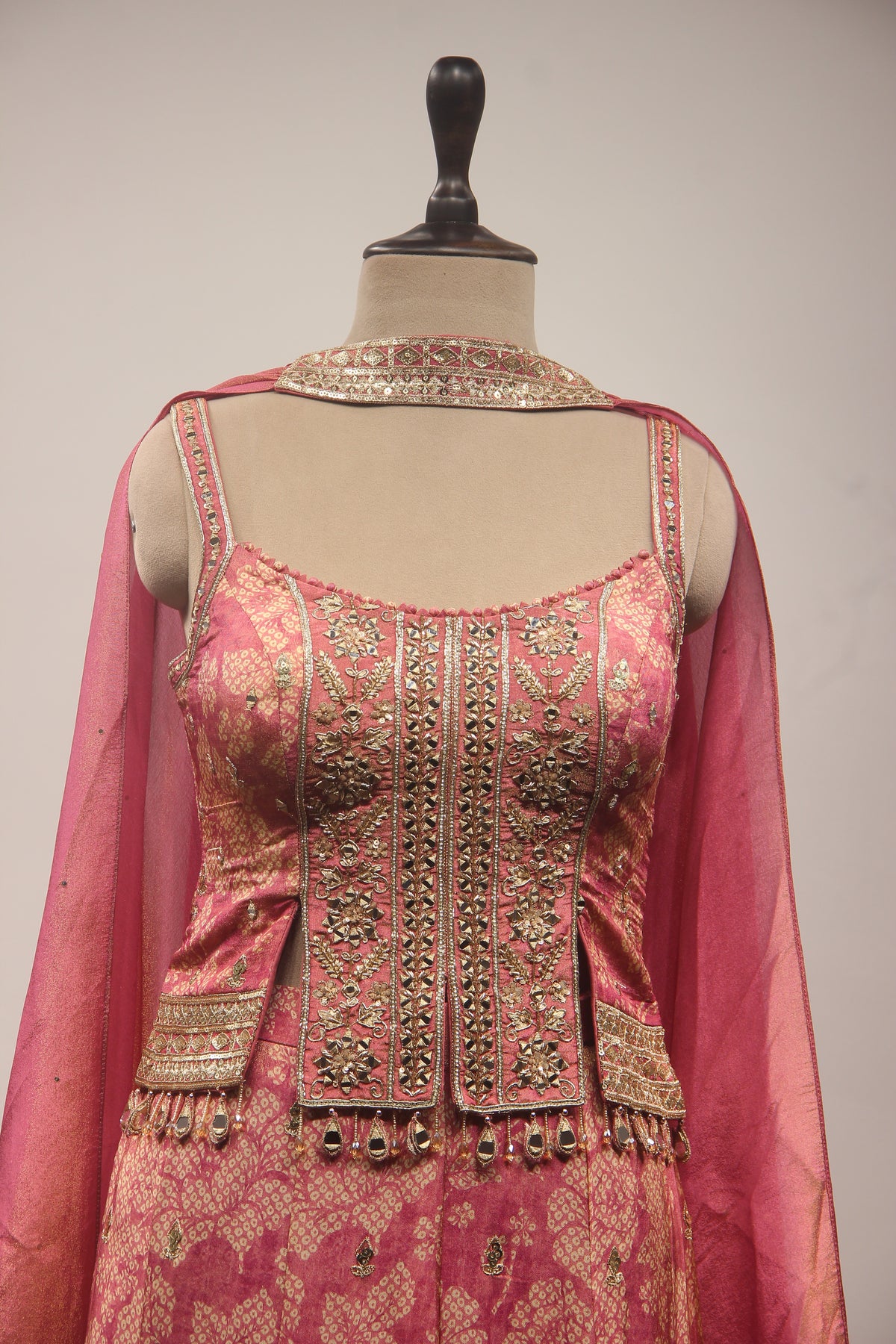 Peach Tissue Embroidered Palazzo Indowestern Set with Crop Top & Choker Dupatta – Cut Dana Mirror Zari Stone Work