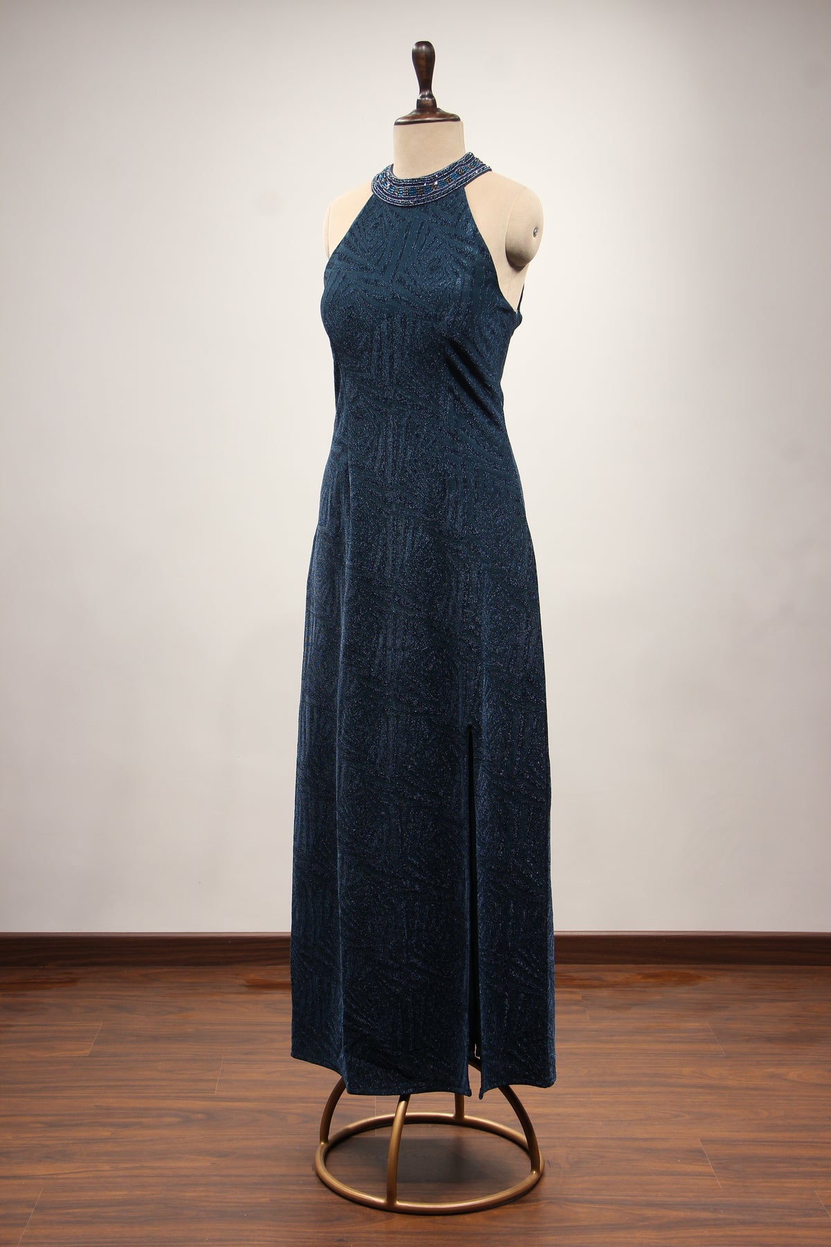 Imported Halter Neck Gown with Hand Embroidery & Stone Handwork in Blue – side view