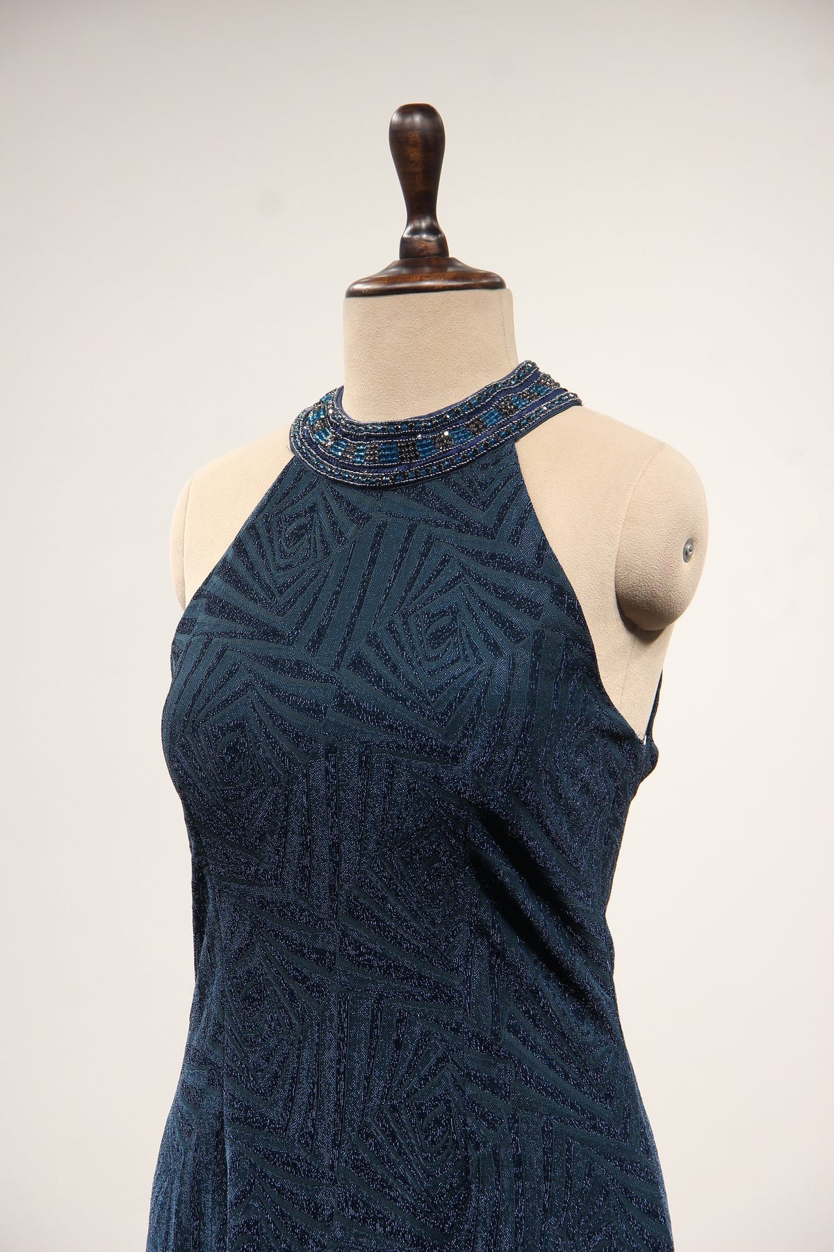 Imported Halter Neck Gown with Hand Embroidery & Stone Handwork in Blue – side close-up