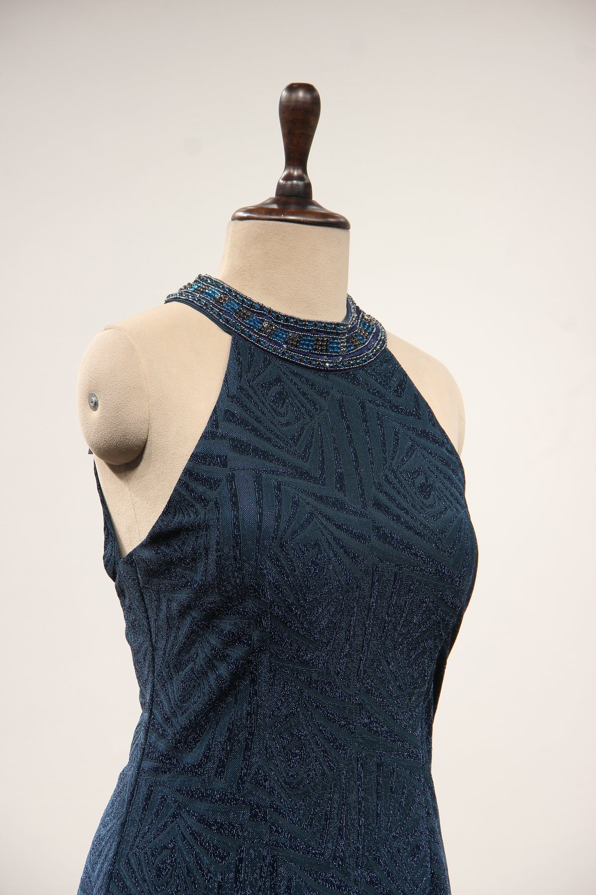 Imported Halter Neck Gown with Hand Embroidery & Stone Handwork in Blue – other side close-up