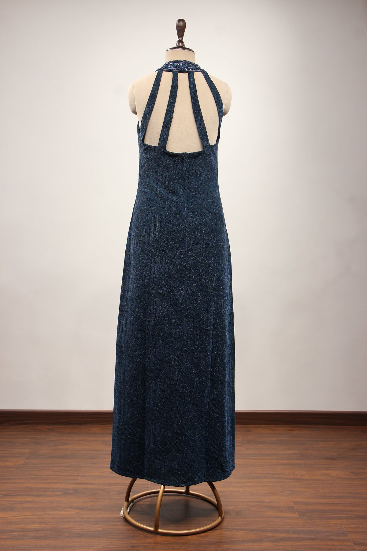 Imported Halter Neck Gown with Hand Embroidery & Stone Handwork in Blue – back view