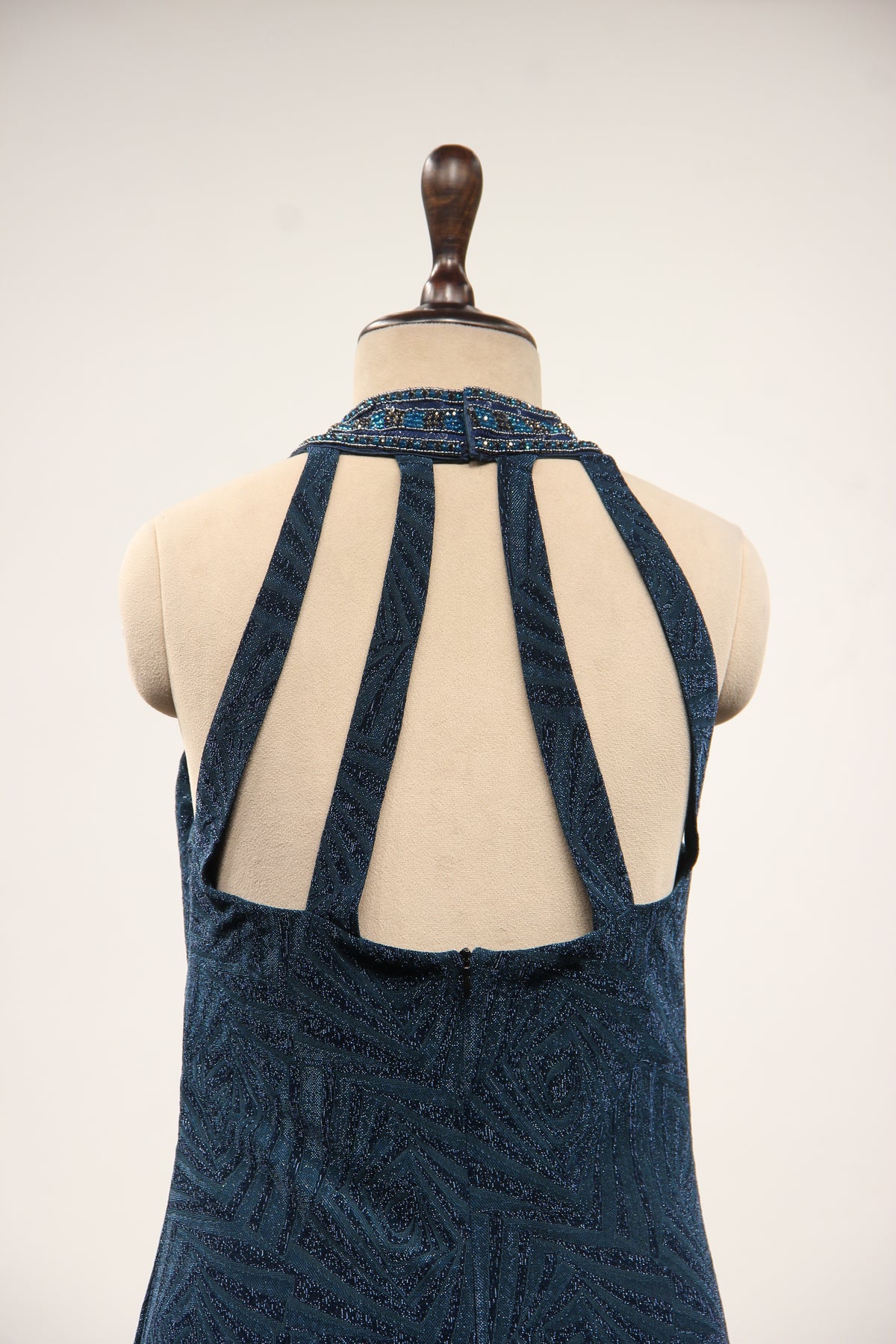 Imported Halter Neck Gown with Hand Embroidery & Stone Handwork in Blue – back close-up