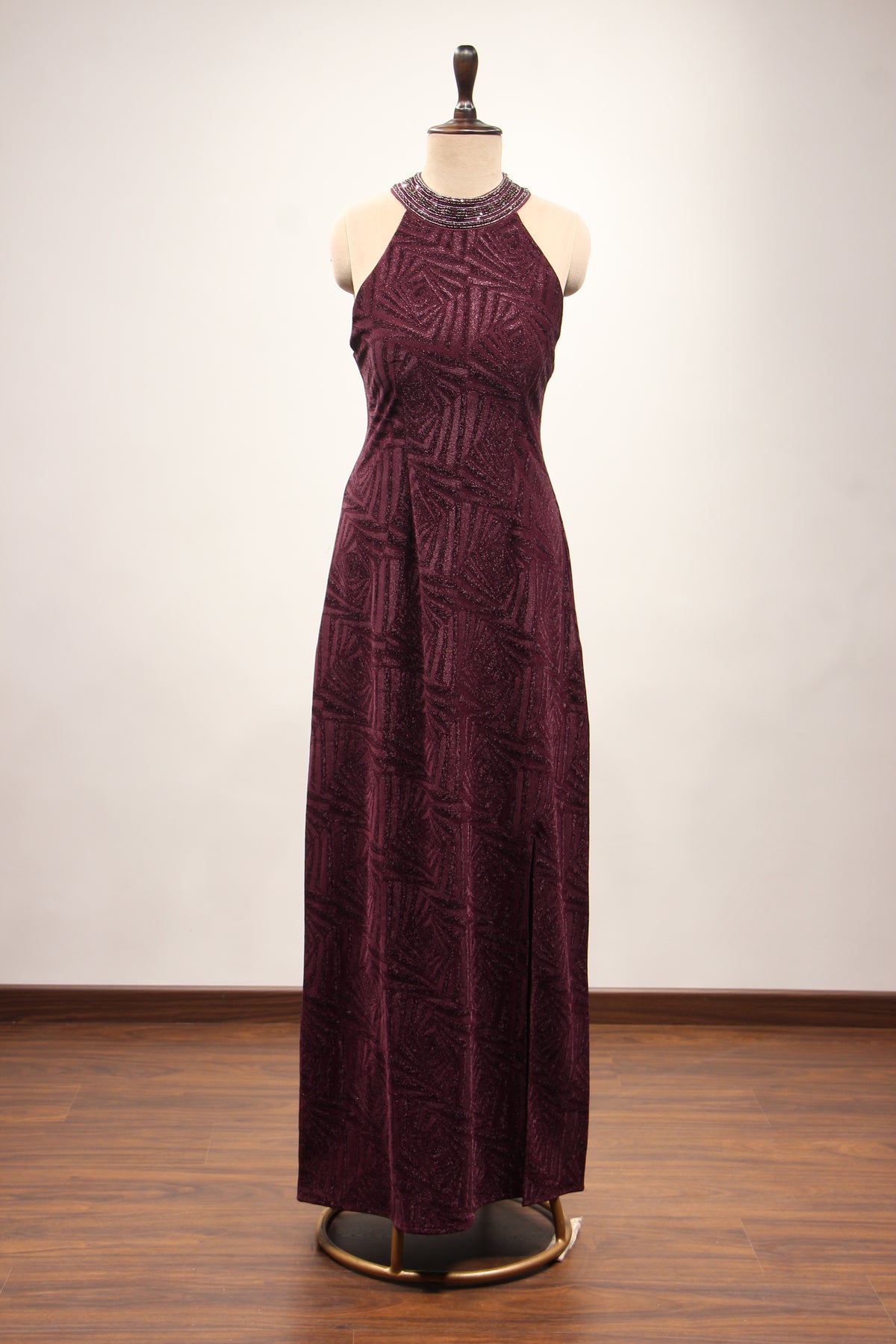 Imported Halter Neck Gown with Hand Embroidery & Stone Handwork in Wine – front view