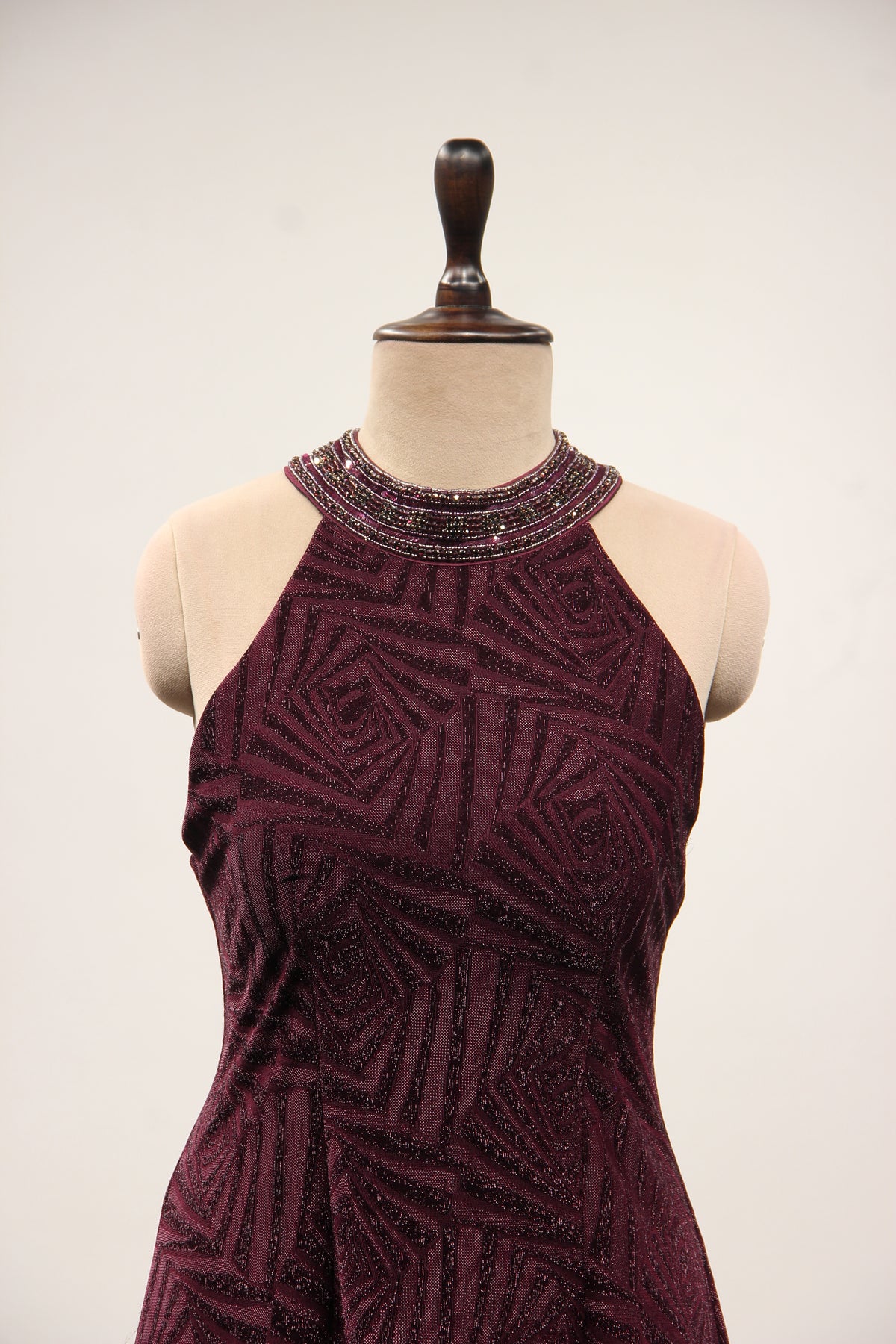 Imported Halter Neck Gown with Hand Embroidery & Stone Handwork in Wine – front close-up