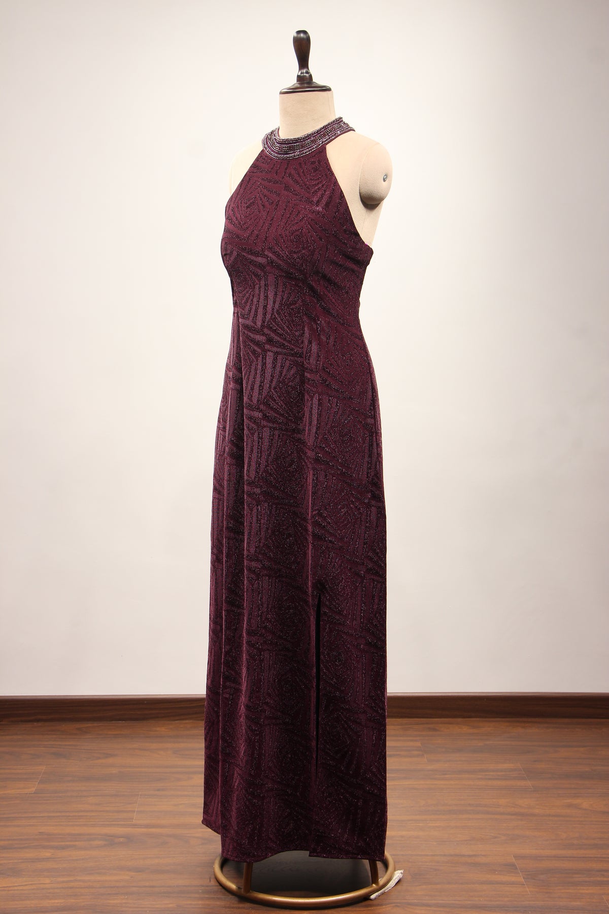 Imported Halter Neck Gown with Hand Embroidery & Stone Handwork in Wine – side view