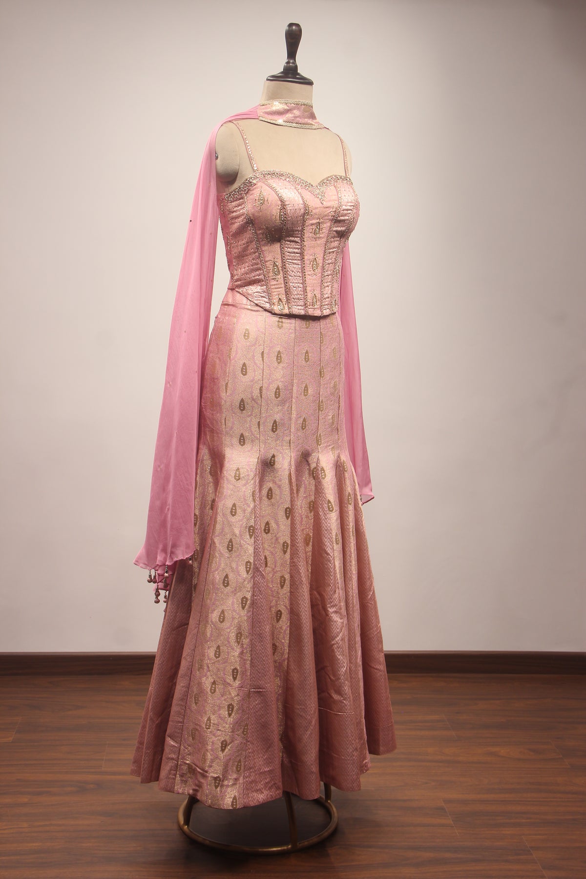 Peach Tissue Embellished Corset Blouse Fish Cut Indowestern Set with Choker Dupatta