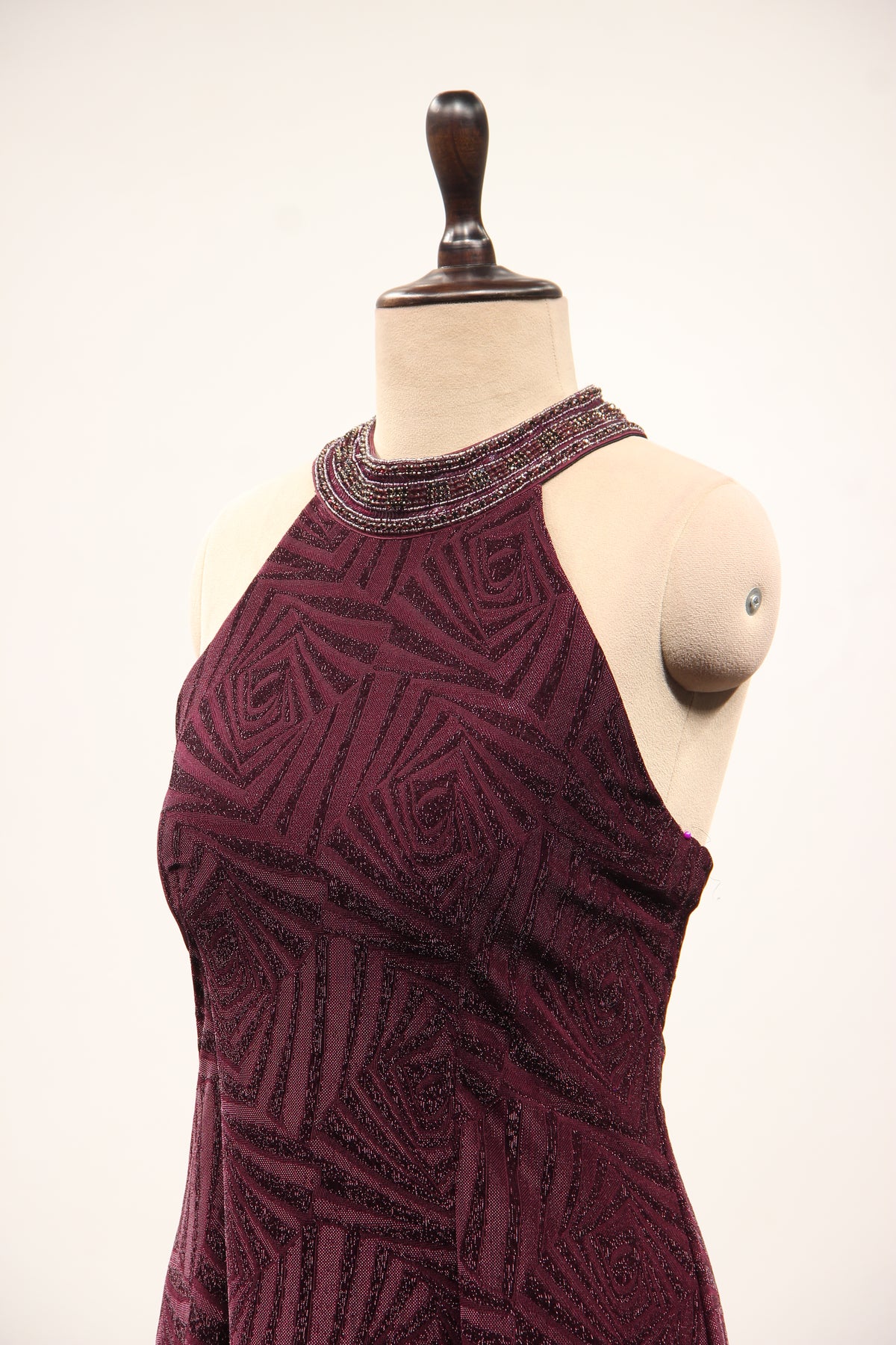Imported Halter Neck Gown with Hand Embroidery & Stone Handwork in Wine – side close-up