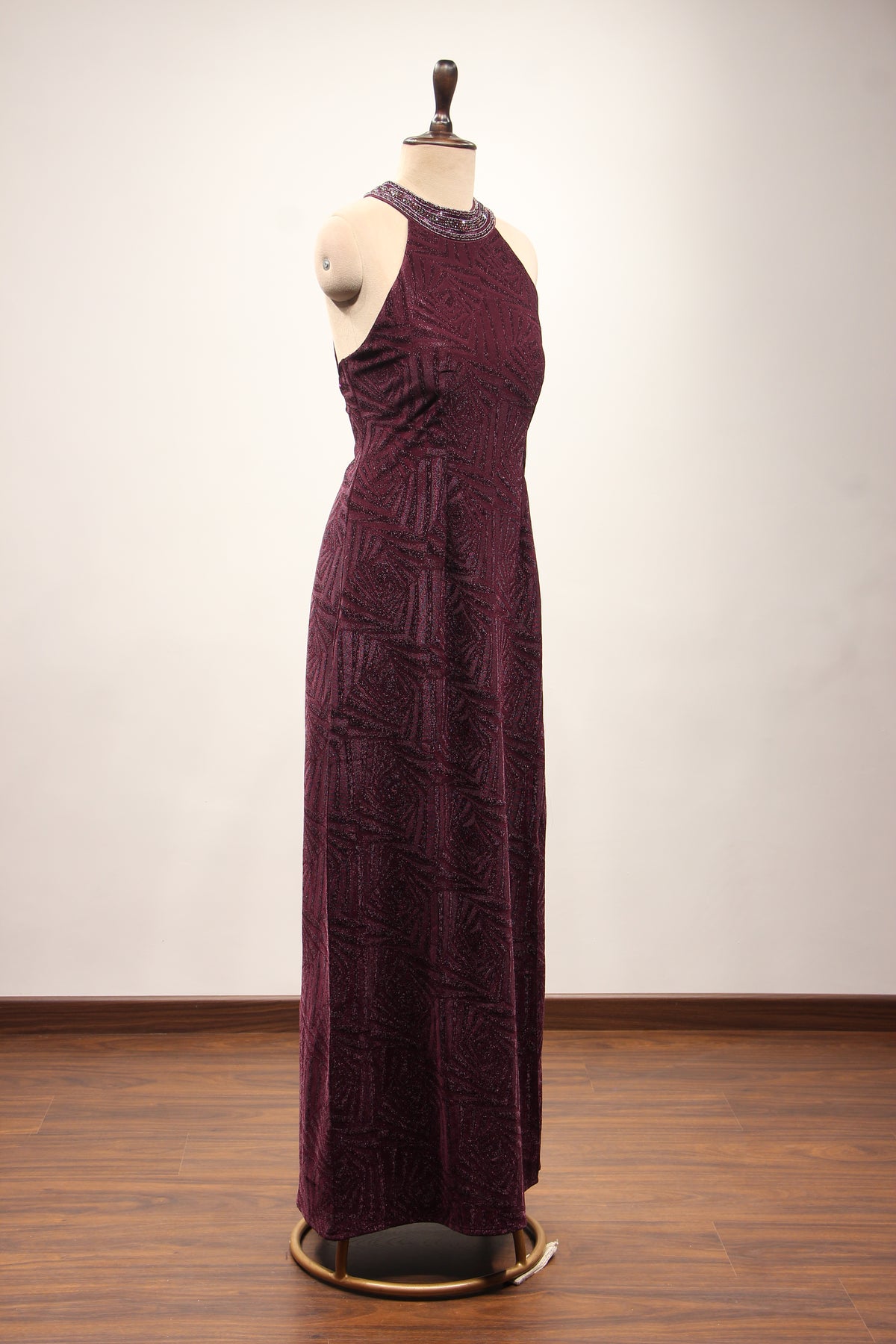 Imported Halter Neck Gown with Hand Embroidery & Stone Handwork in Wine – other side view