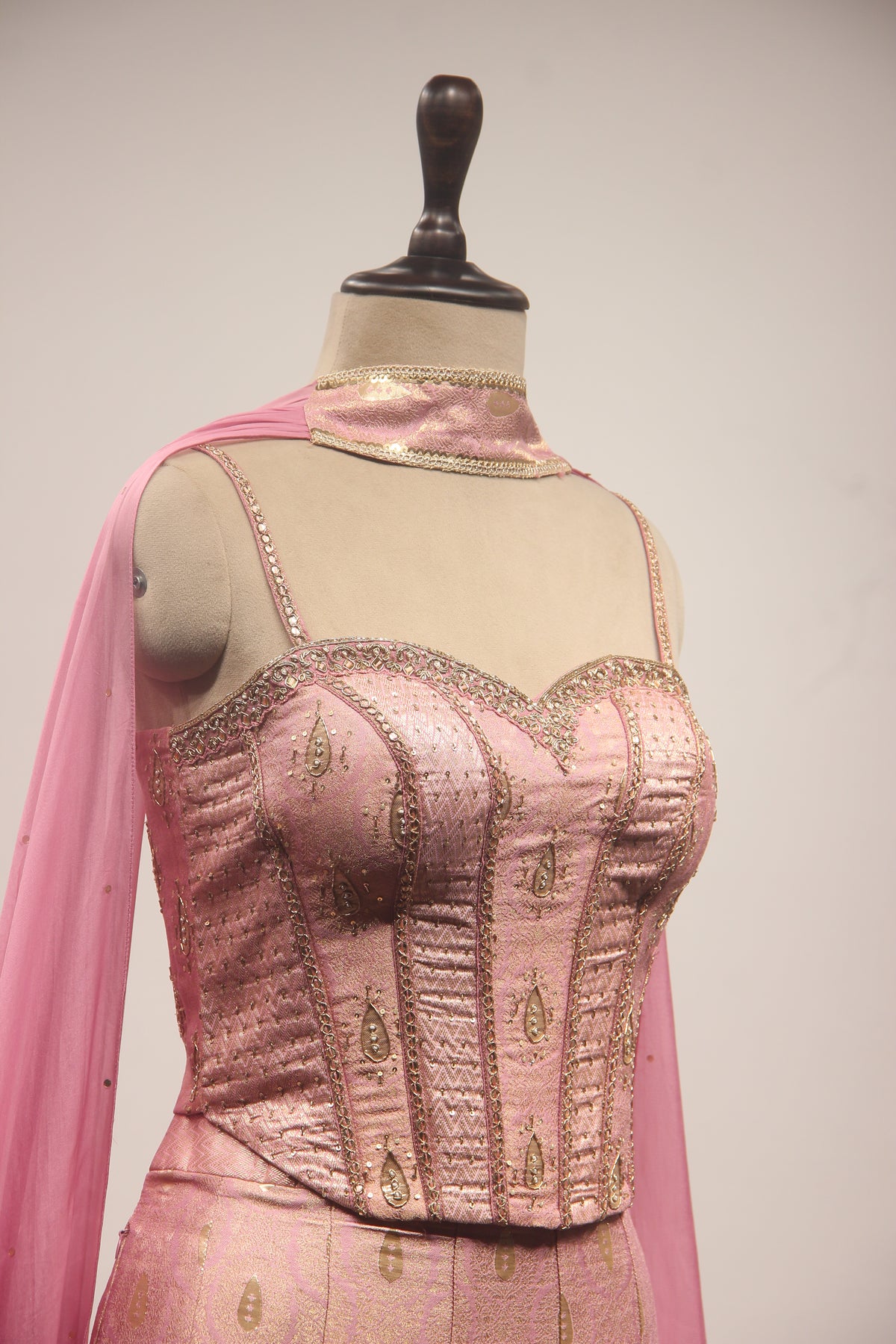 Peach Tissue Embellished Corset Blouse Fish Cut Indowestern Set with Choker Dupatta