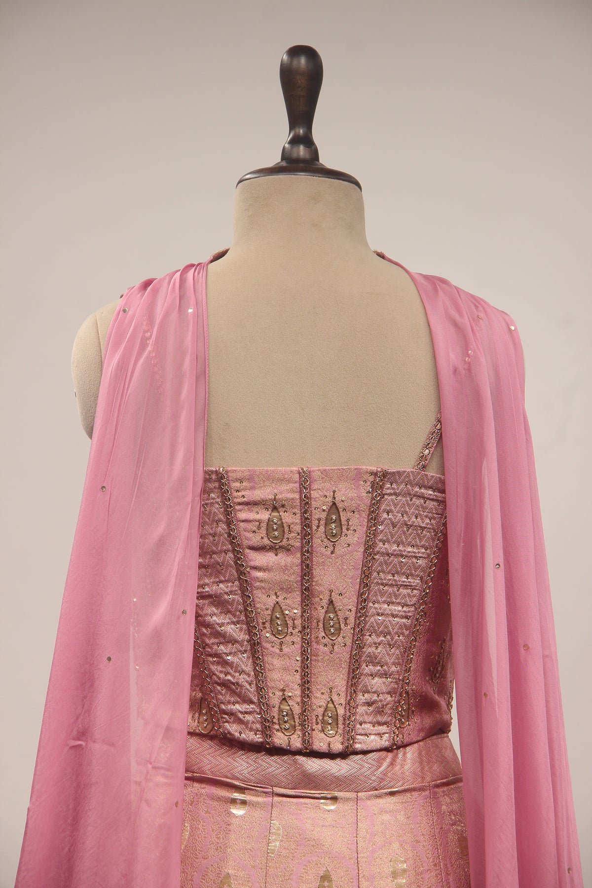Peach Tissue Embellished Corset Blouse Fish Cut Indowestern Set with Choker Dupatta
