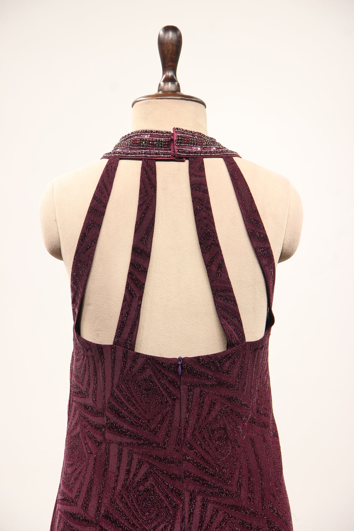 Imported Halter Neck Gown with Hand Embroidery & Stone Handwork in Wine – back close-up