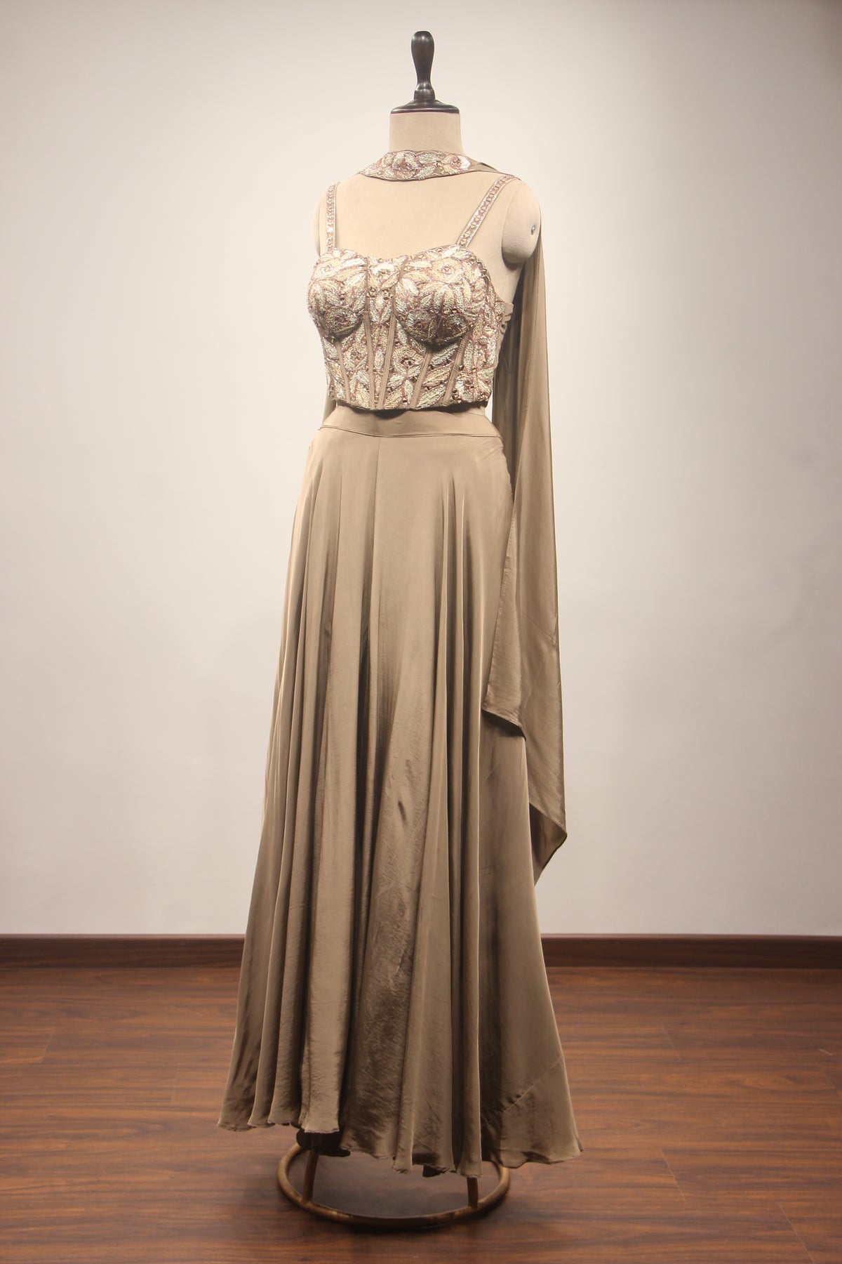 Coffee Crepe Indo Western Palazzo Set with Cut Dana & Mirror Handwork – side view