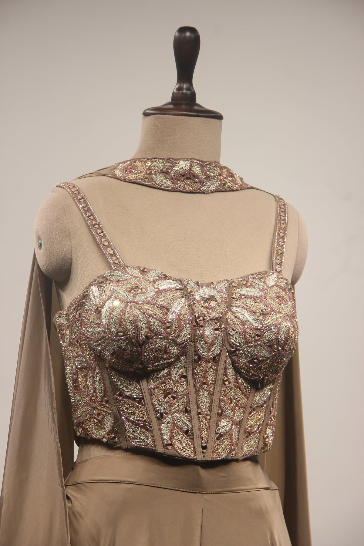 Coffee Crepe Indo Western Palazzo Set with Cut Dana & Mirror Handwork – other side close-up