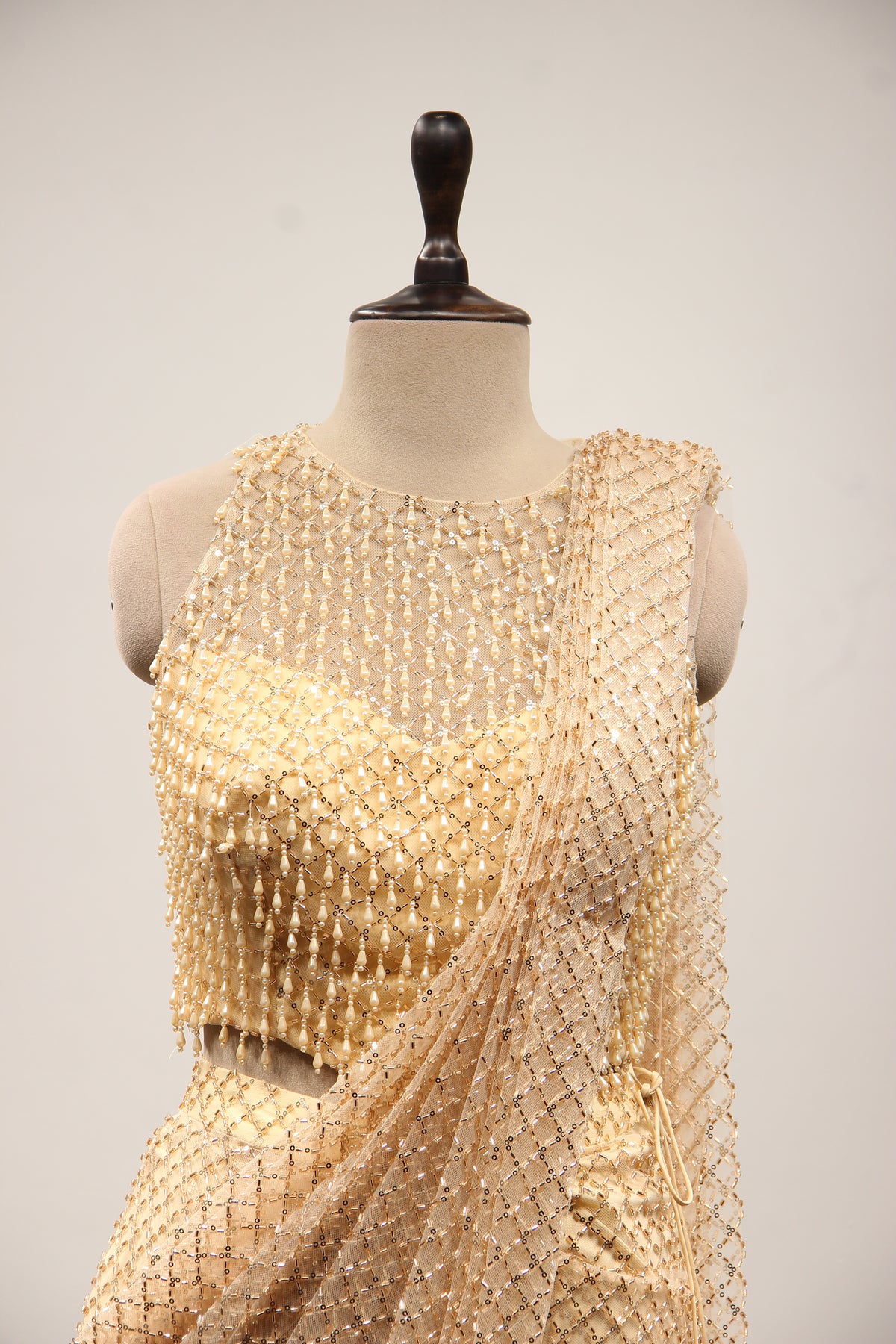 Gold Imported Halter Neck Drape Saree with Cut Dana & Sequin Handwork – front close-up