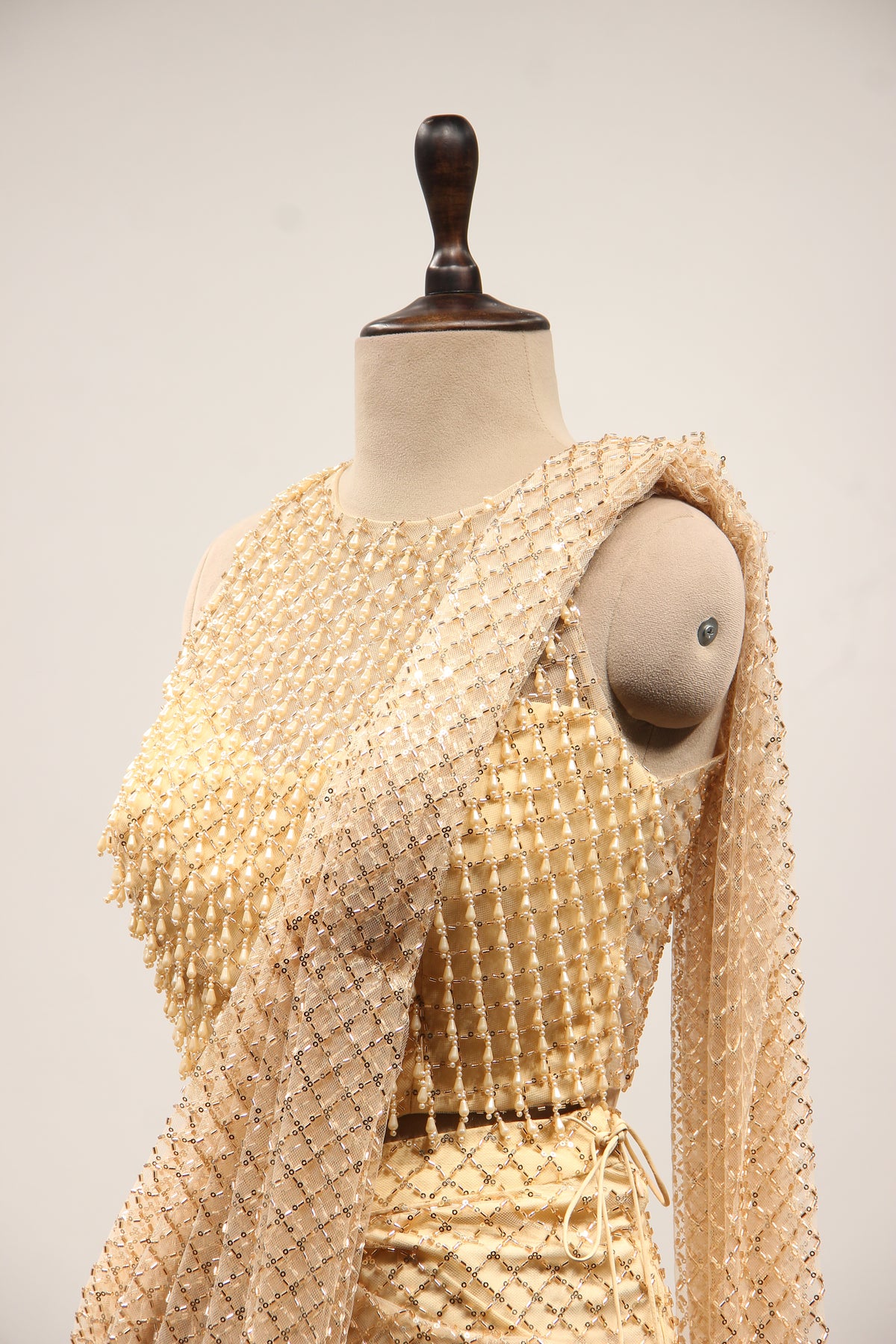 Gold Imported Halter Neck Drape Saree with Cut Dana & Sequin Handwork – side close-up