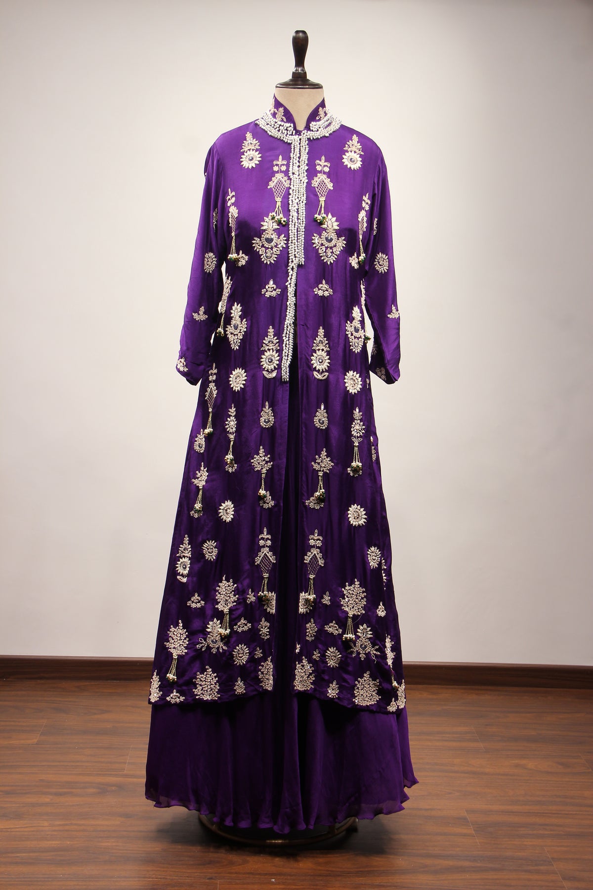 Purple Dupion Jacket Lehenga with Hand Embroidery & Bead Handwork – front view, with jacket