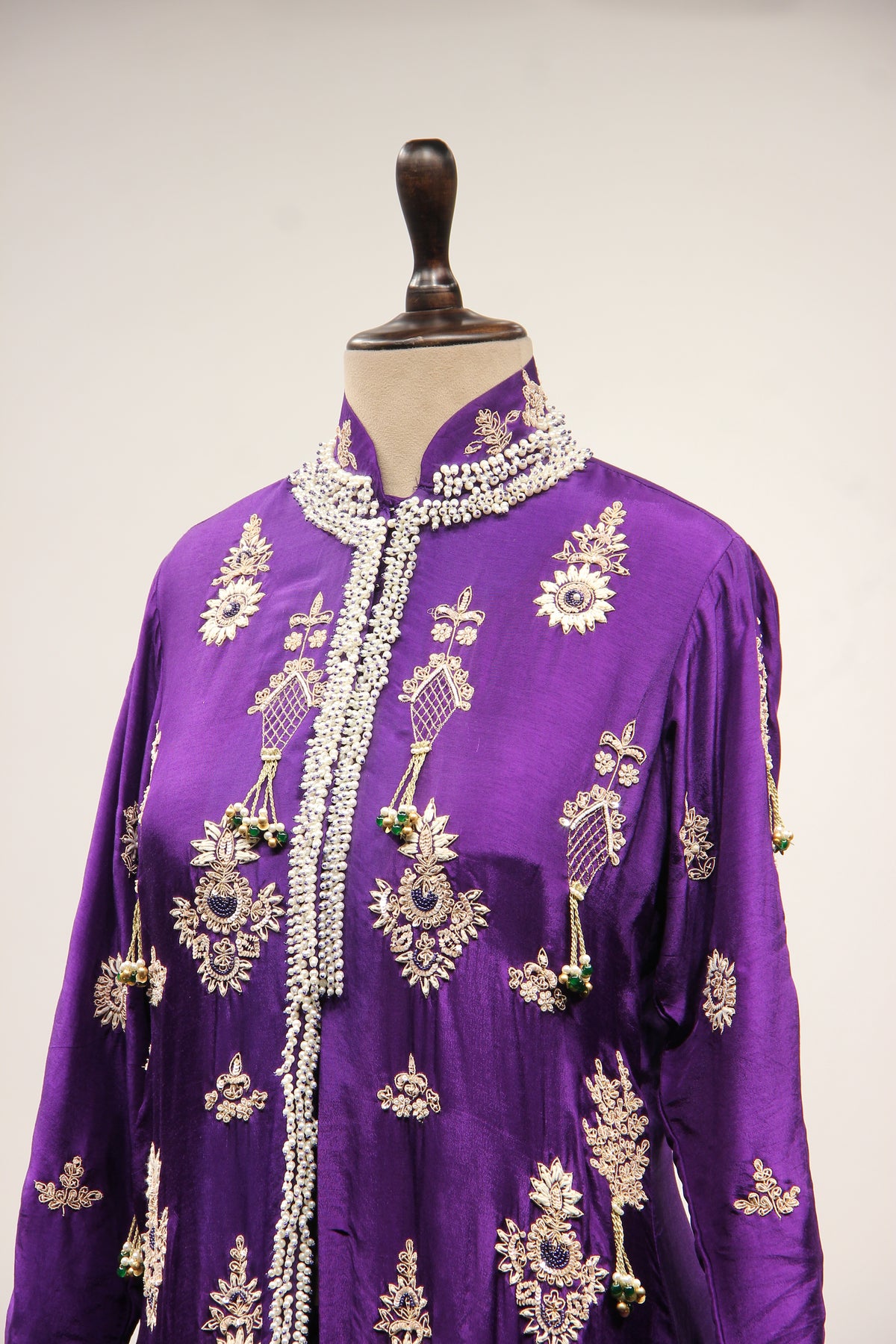 Purple Dupion Jacket Lehenga with Hand Embroidery & Bead Handwork – side close-up, with jacket