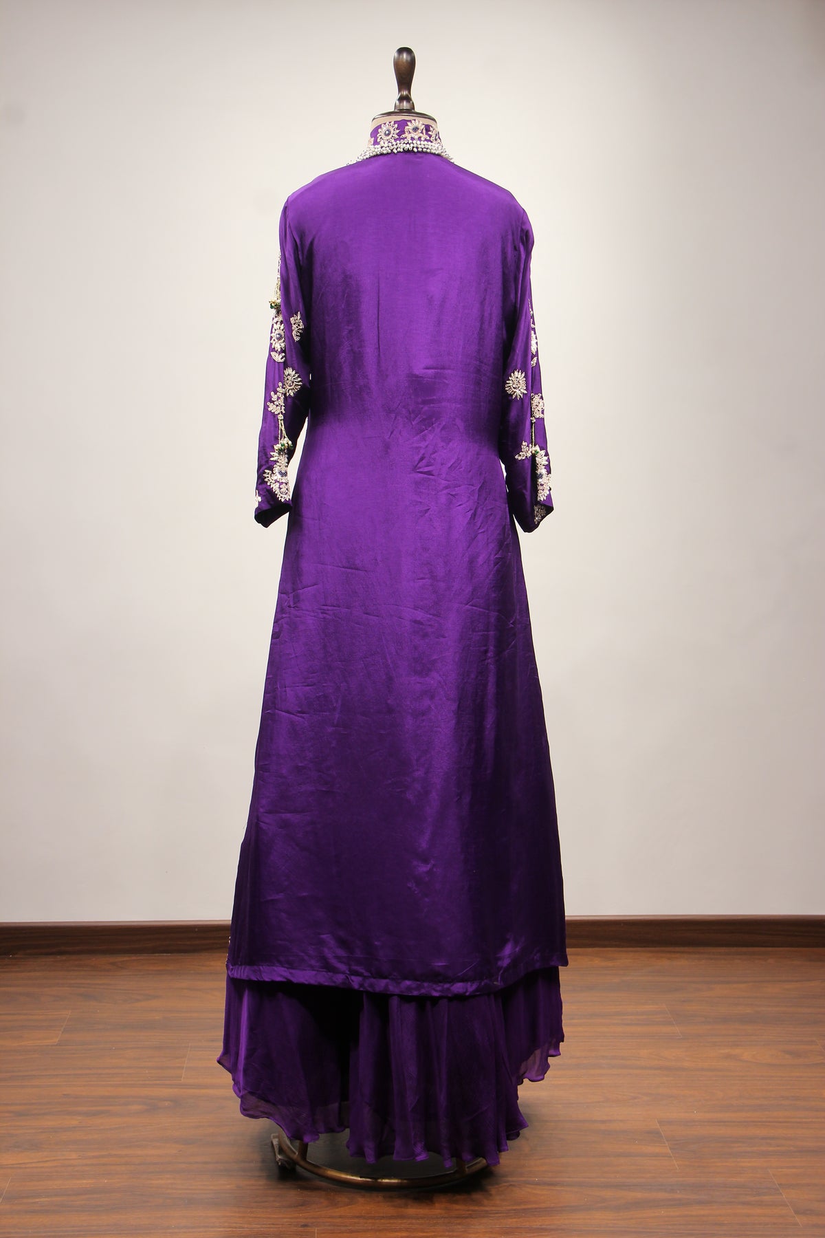 Purple Dupion Jacket Lehenga with Hand Embroidery & Bead Handwork – back view, with jacket