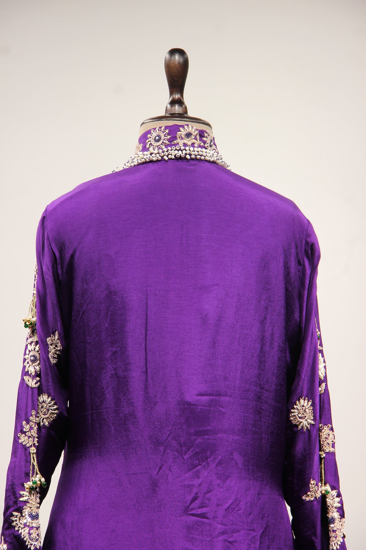 Purple Dupion Jacket Lehenga with Hand Embroidery & Bead Handwork – back close-up, with jacket