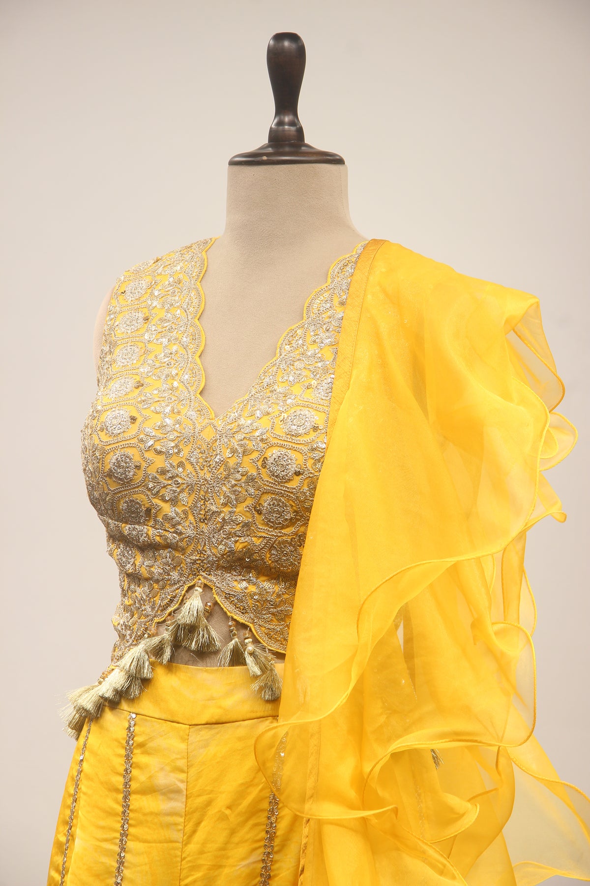 Yellow Organza IndoWestern Long Top with Zari & Gota Patti Handwork