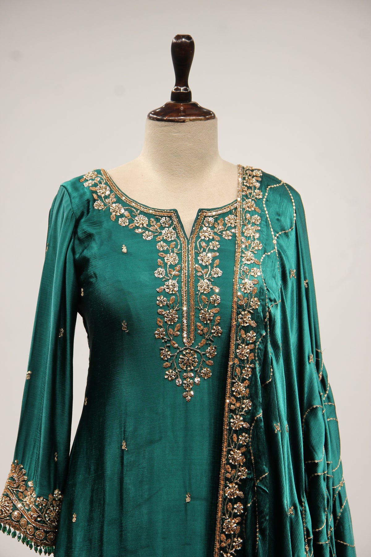 Bottle Green Satin Sharara Suit with Cut Dana & Sequin Handwork – front close-up